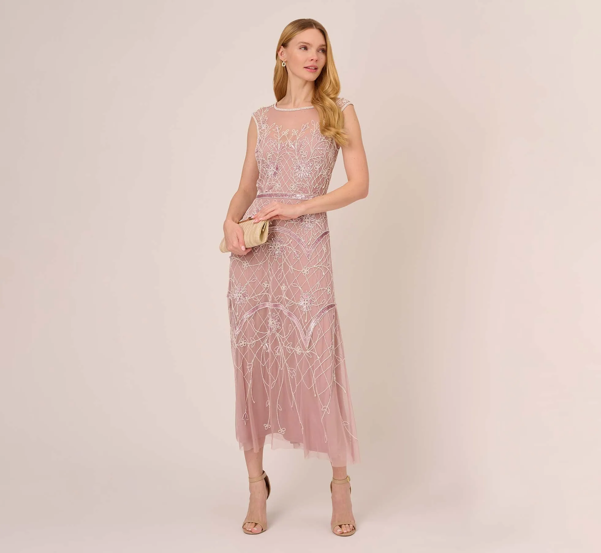 Beaded Ankle-Length Dress With Sheer Neckline In Dusted Petal Ivory sold by Adrianna Papell product image thumbnail 3