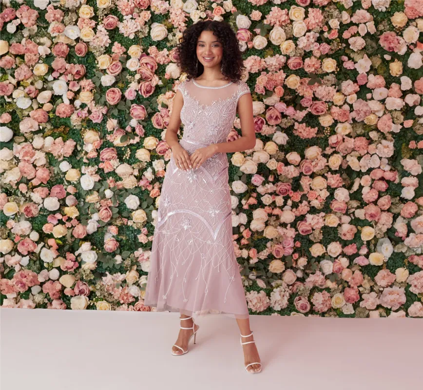 Beaded Ankle-Length Dress With Sheer Neckline In Dusted Petal Ivory sold by Adrianna Papell