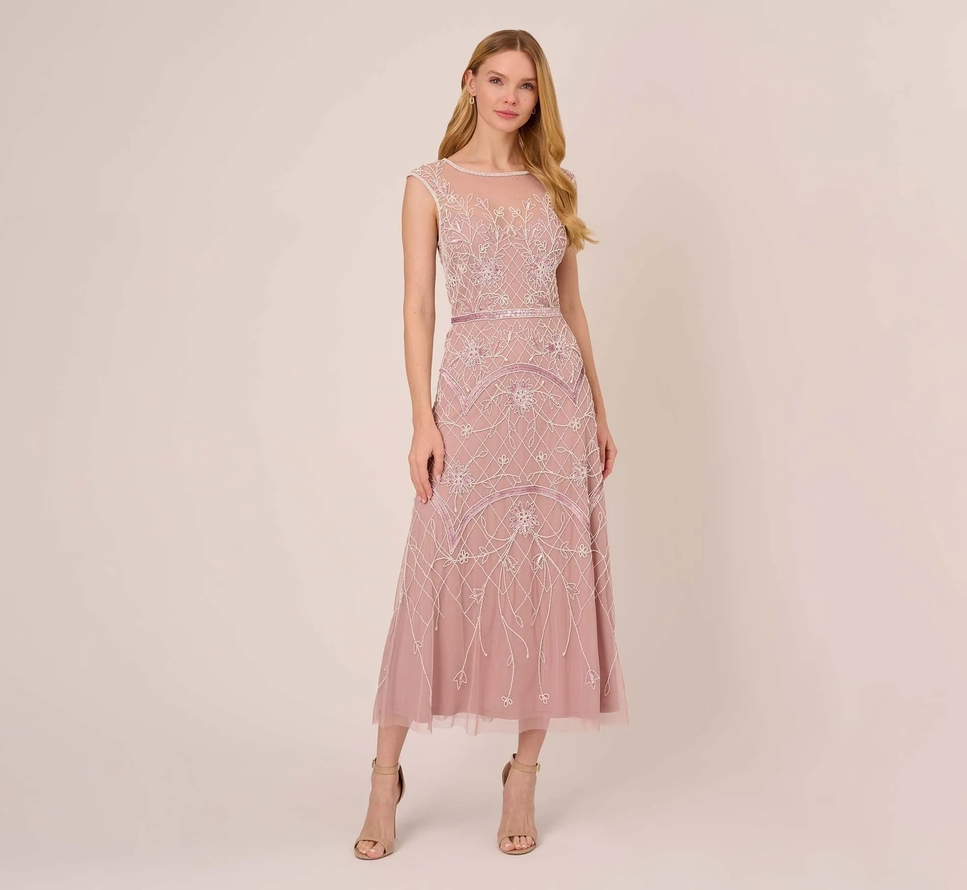 Beaded Ankle-Length Dress With Sheer Neckline In Dusted Petal Ivory sold by Adrianna Papell product image thumbnail 2