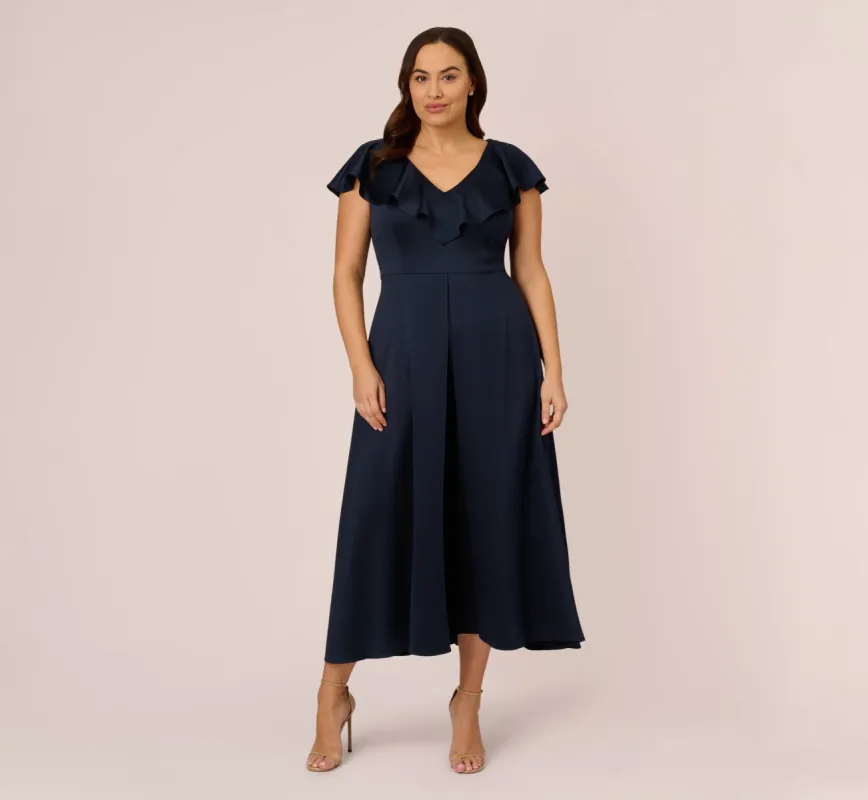 Plus Size Satin Crepe Ruffled Cropped Jumpsuit In Dark Navy sold by Adrianna Papell