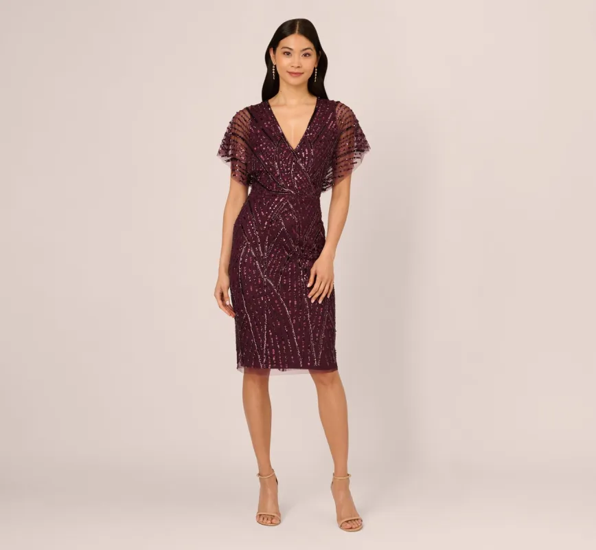 Beaded Surplice Midi Dress With Dolman Sleeves In Deep Amethyst sold by Adrianna Papell
