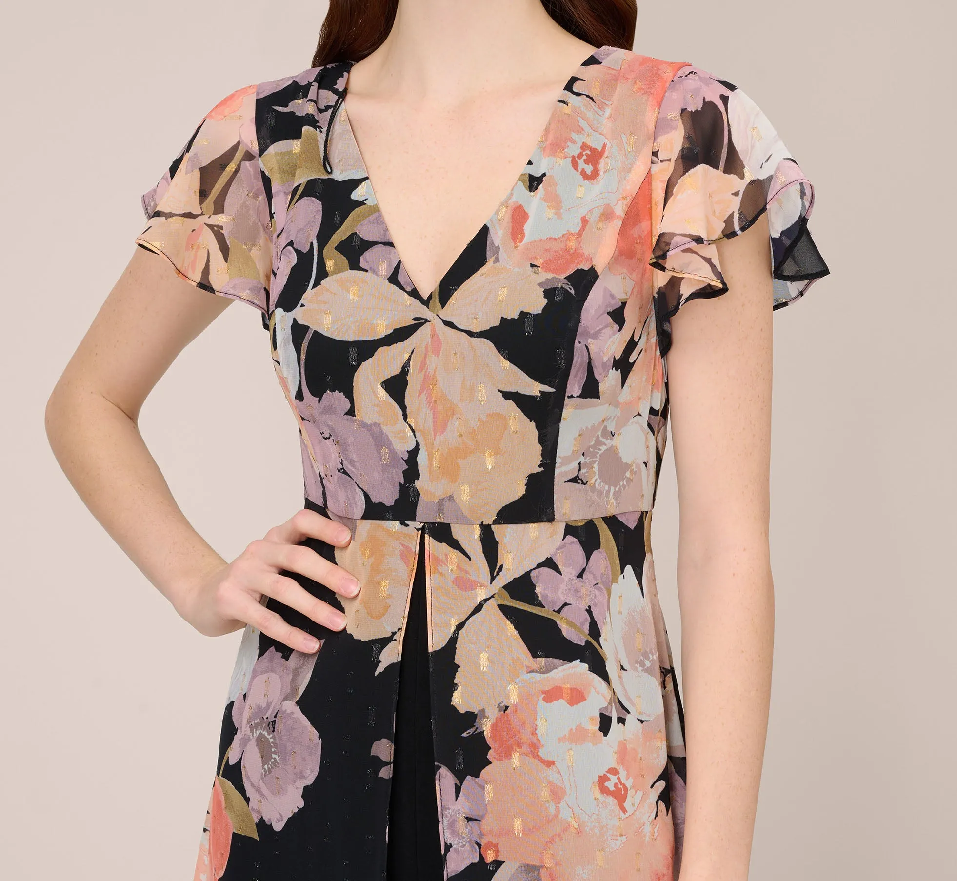Floral-Print Chiffon And Jersey Cropped Jumpsuit In Black Multi sold by Adrianna Papell product image thumbnail 2