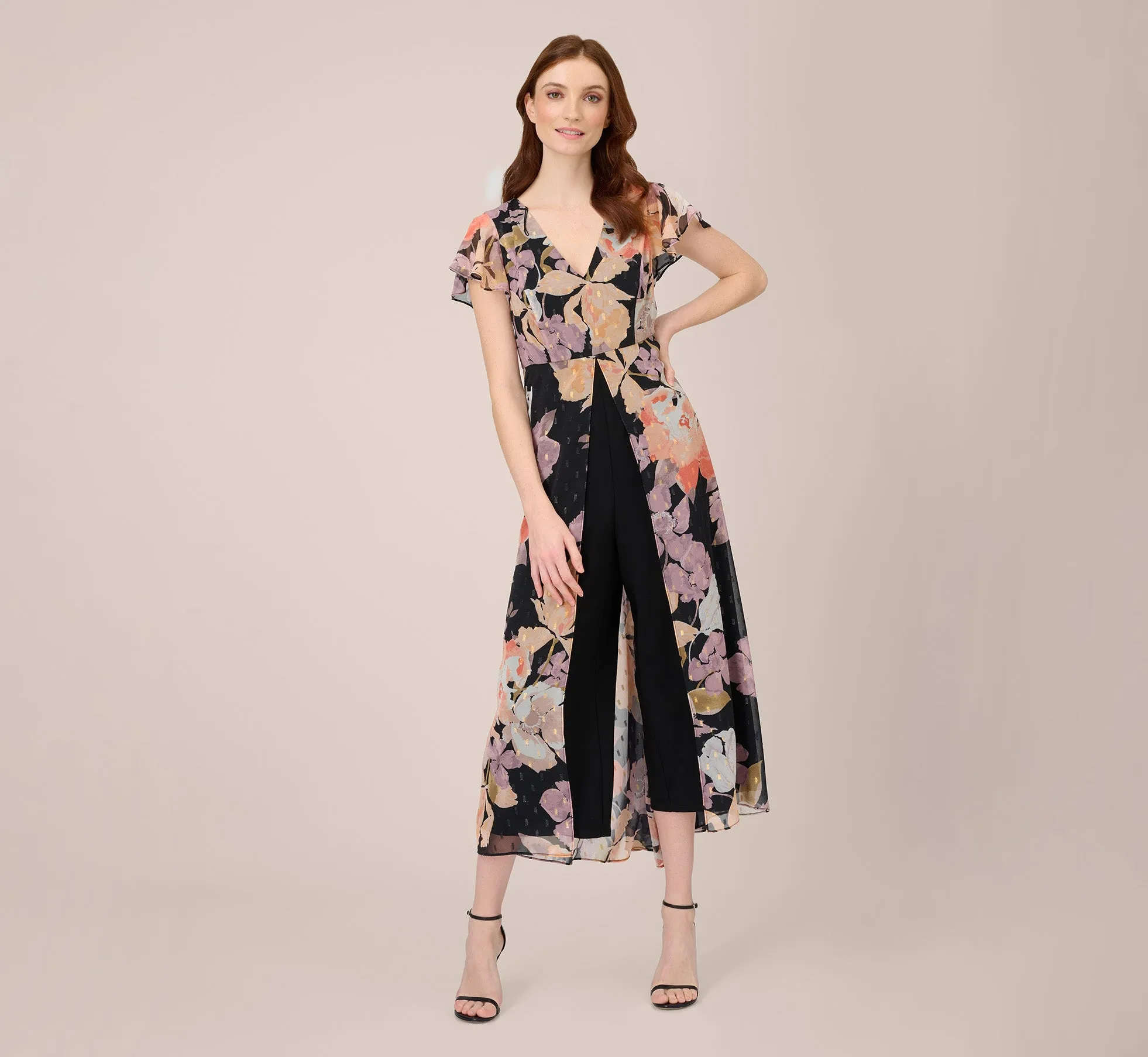Floral-Print Chiffon And Jersey Cropped Jumpsuit In Black Multi sold by Adrianna Papell
