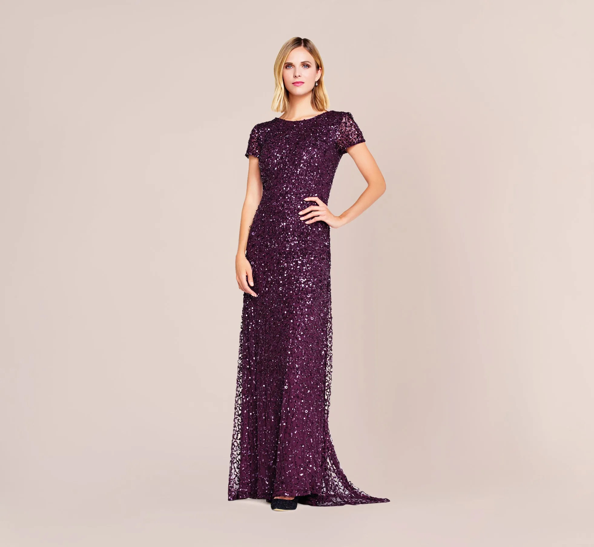 Scoop Back Sequin Gown In Cabernet sold by Adrianna Papell