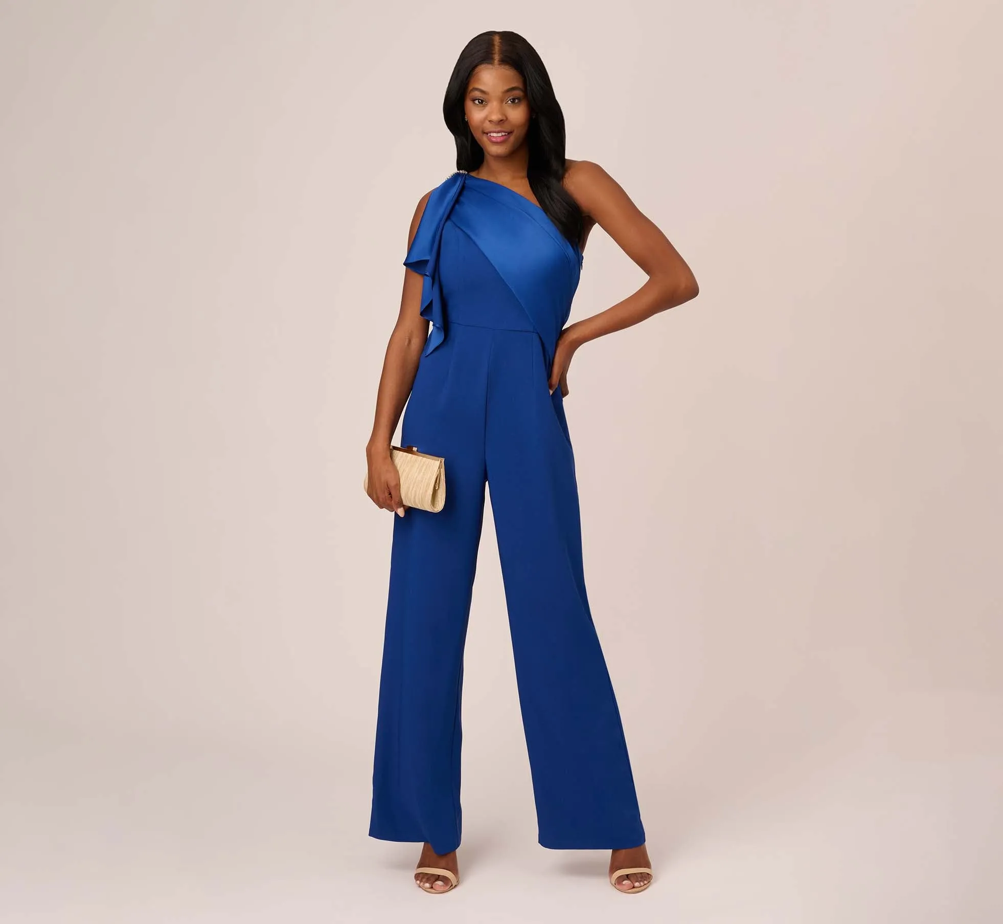 Satin Crepe Draped One Shoulder Wide Leg Jumpsuit In Rich Royal sold by Adrianna Papell product image thumbnail 2