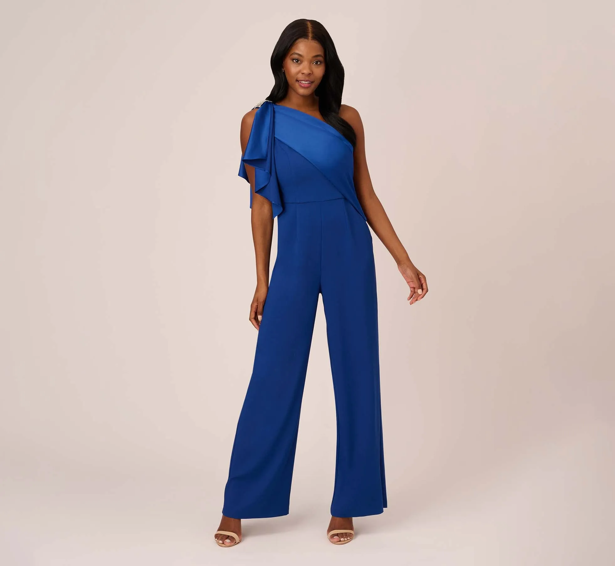 Satin Crepe Draped One Shoulder Wide Leg Jumpsuit In Rich Royal sold by Adrianna Papell