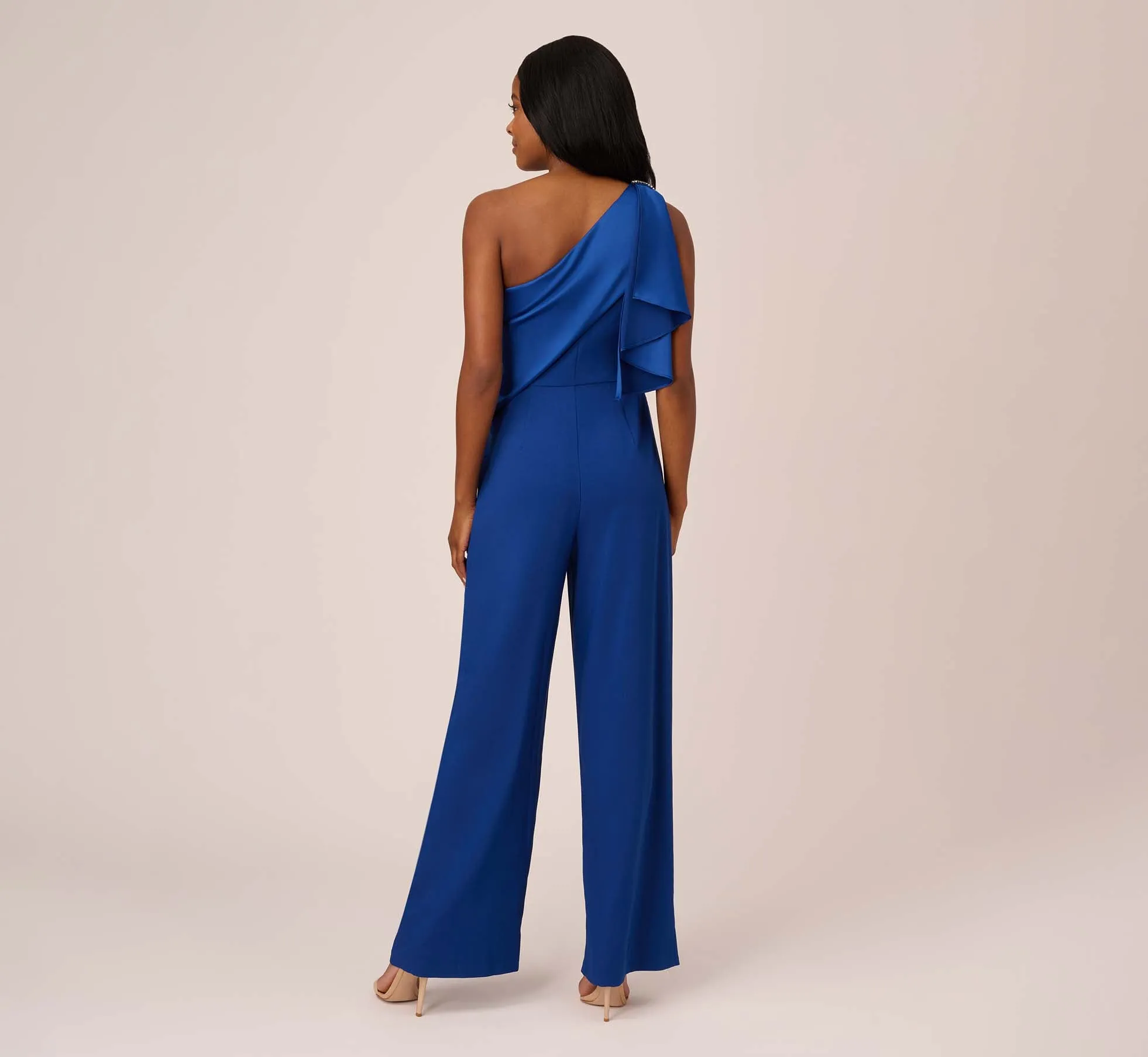Satin Crepe Draped One Shoulder Wide Leg Jumpsuit In Rich Royal sold by Adrianna Papell product image thumbnail 4