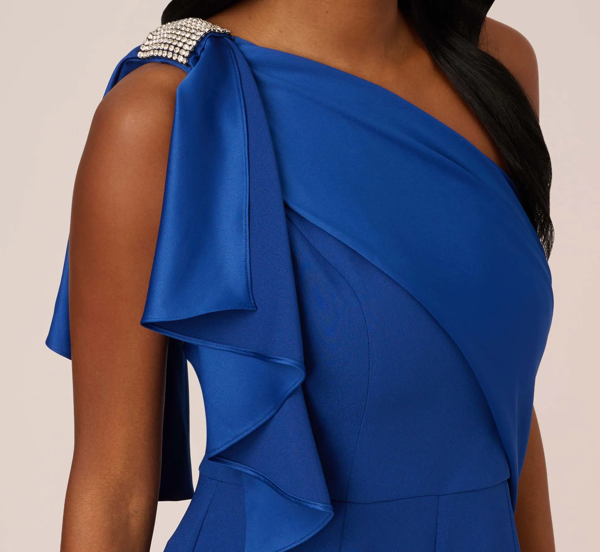 Satin Crepe Draped One Shoulder Wide Leg Jumpsuit In Rich Royal sold by Adrianna Papell product image thumbnail 5