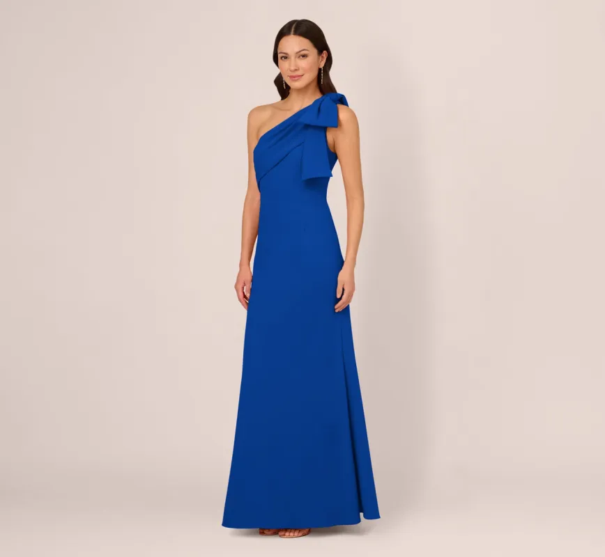 Stretch Crepe One Shoulder Mermaid Gown With Bow Accent In Violet Cobalt sold by Adrianna Papell