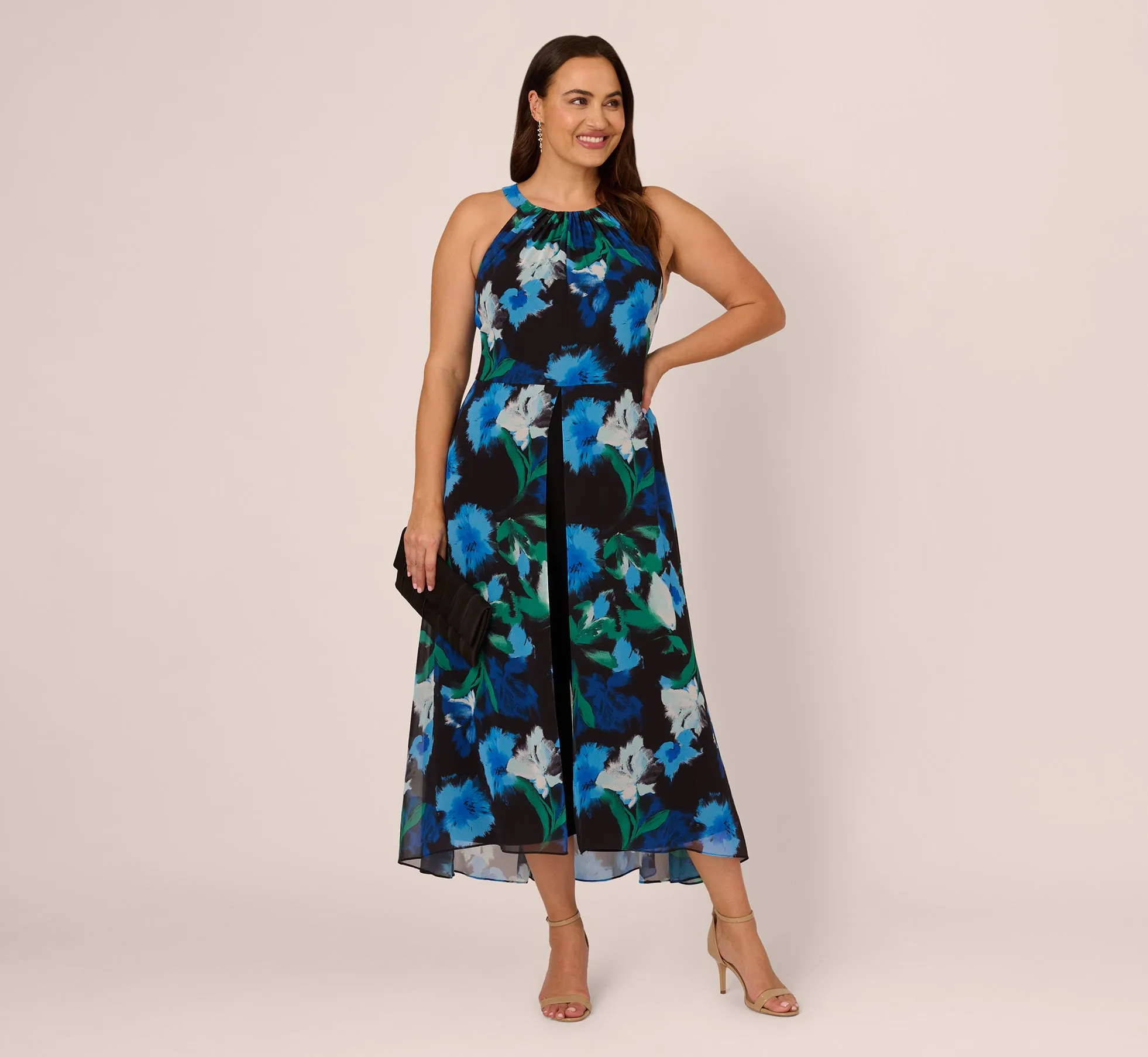 Plus Size Floral Print Chiffon Cropped Jumpsuit With Wide Legs In Black Multi sold by Adrianna Papell product image thumbnail 2