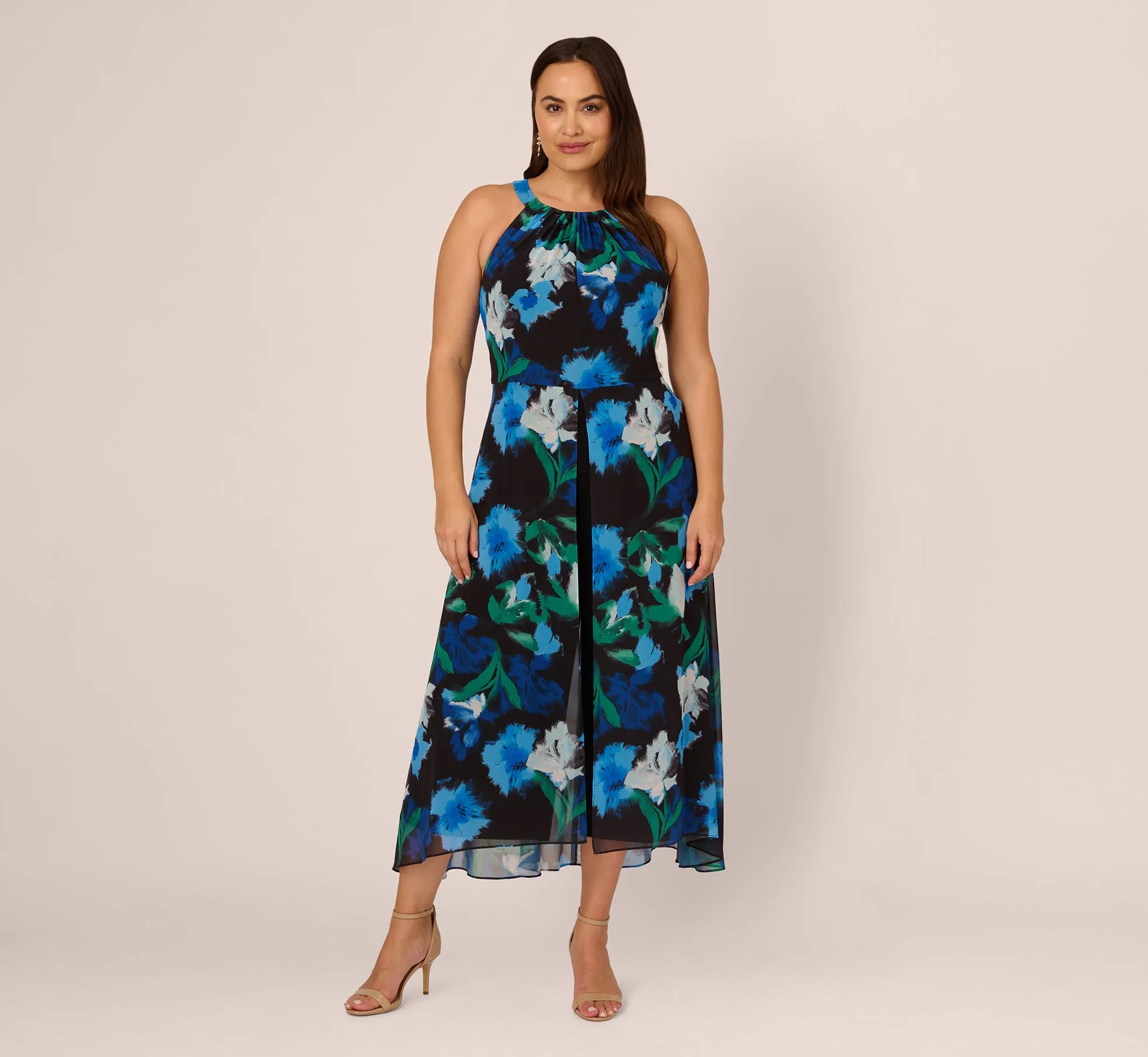 Plus Size Floral Print Chiffon Cropped Jumpsuit With Wide Legs In Black Multi sold by Adrianna Papell