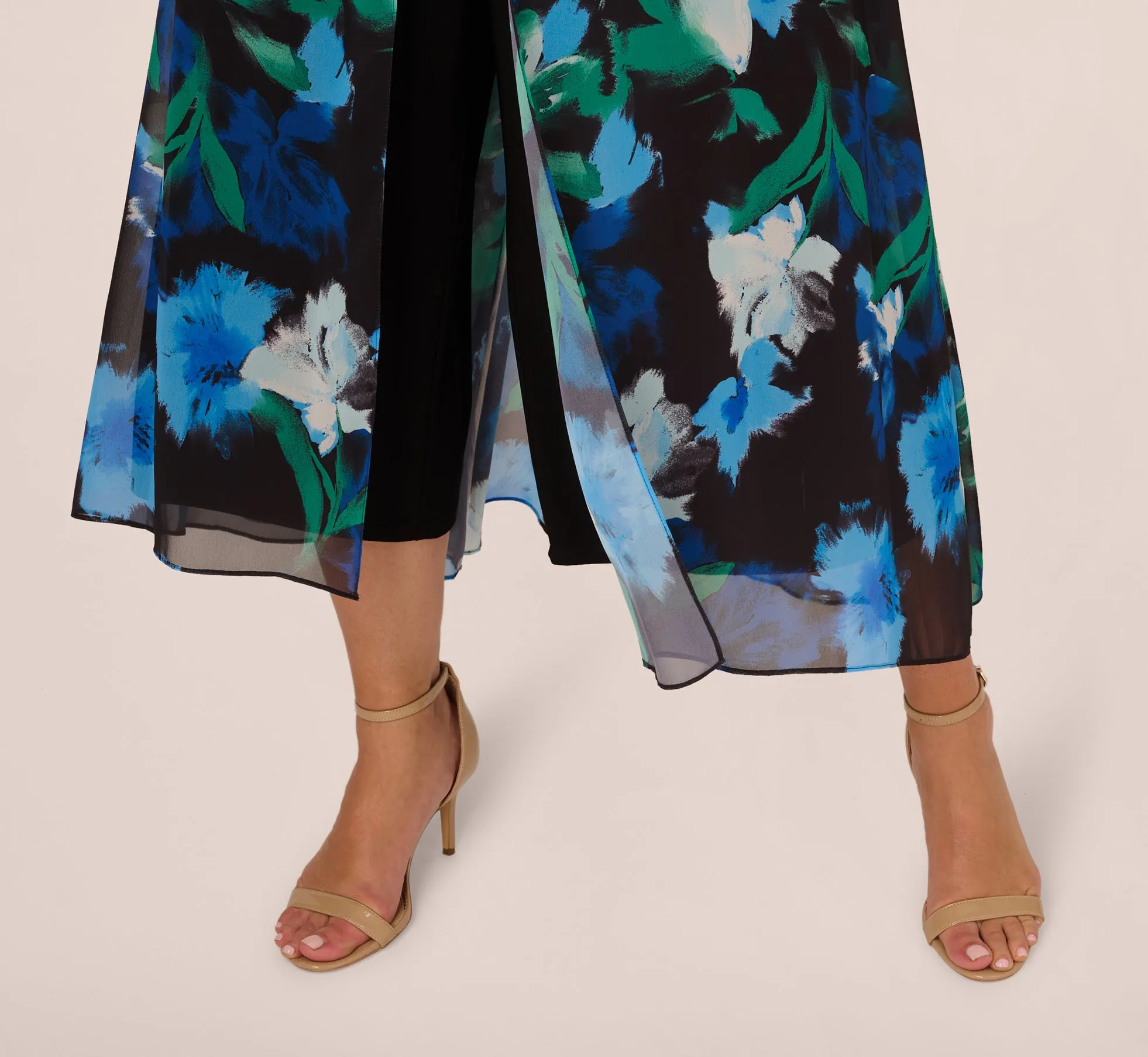Plus Size Floral Print Chiffon Cropped Jumpsuit With Wide Legs In Black Multi sold by Adrianna Papell product image thumbnail 5