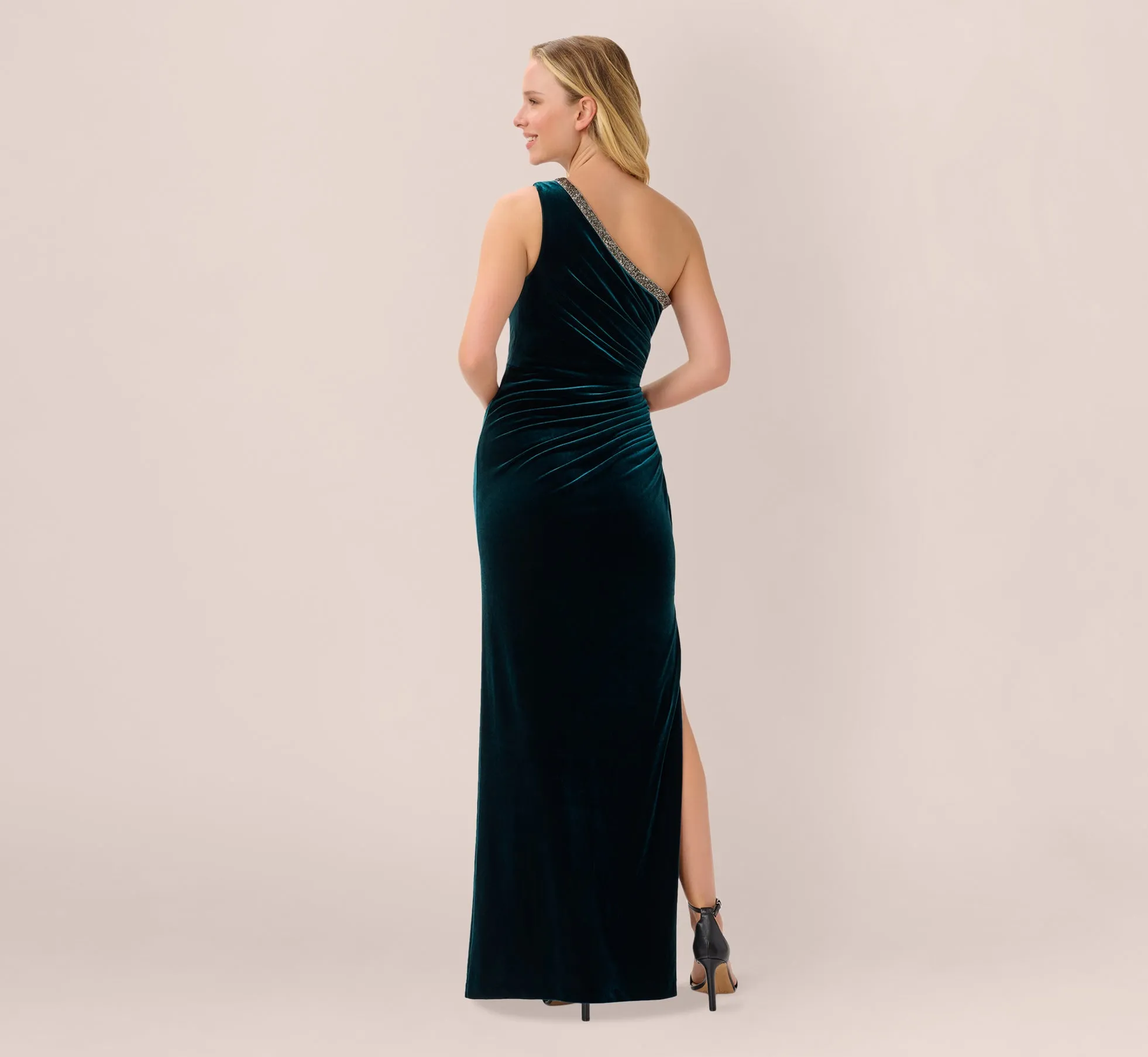 Velvet One Shoulder Gown With Beaded Neckline In Hunter sold by Adrianna Papell product image thumbnail 3