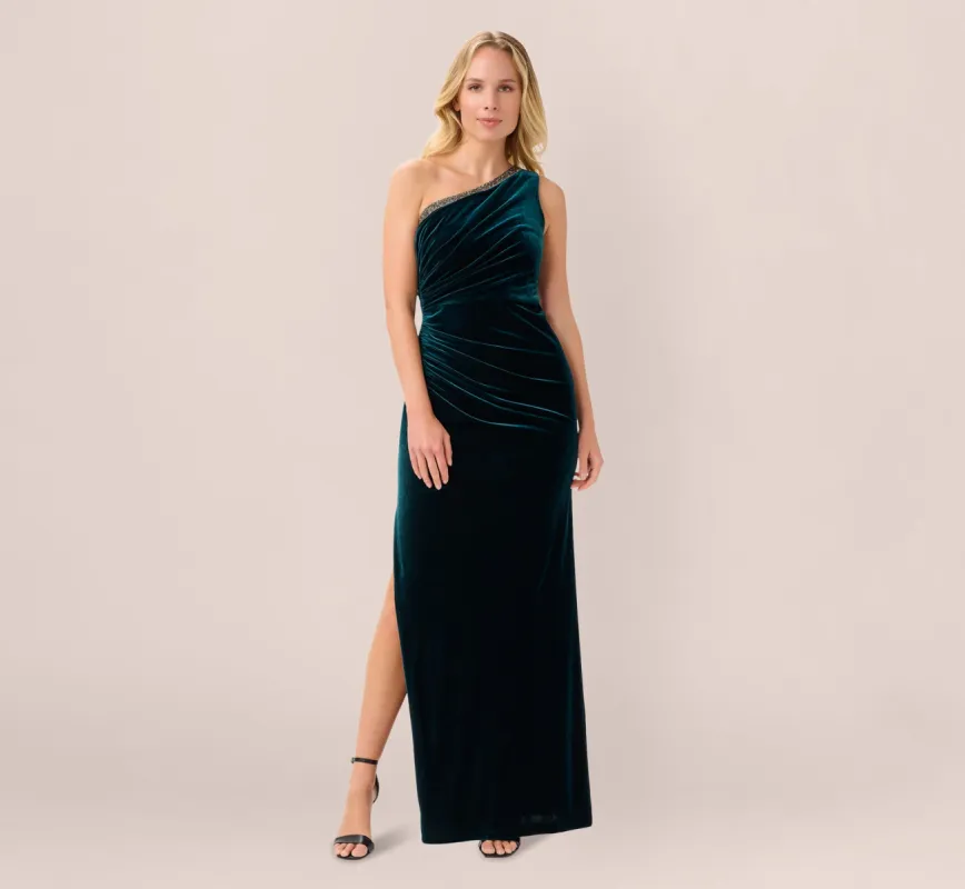 Velvet One Shoulder Gown With Beaded Neckline In Hunter sold by Adrianna Papell
