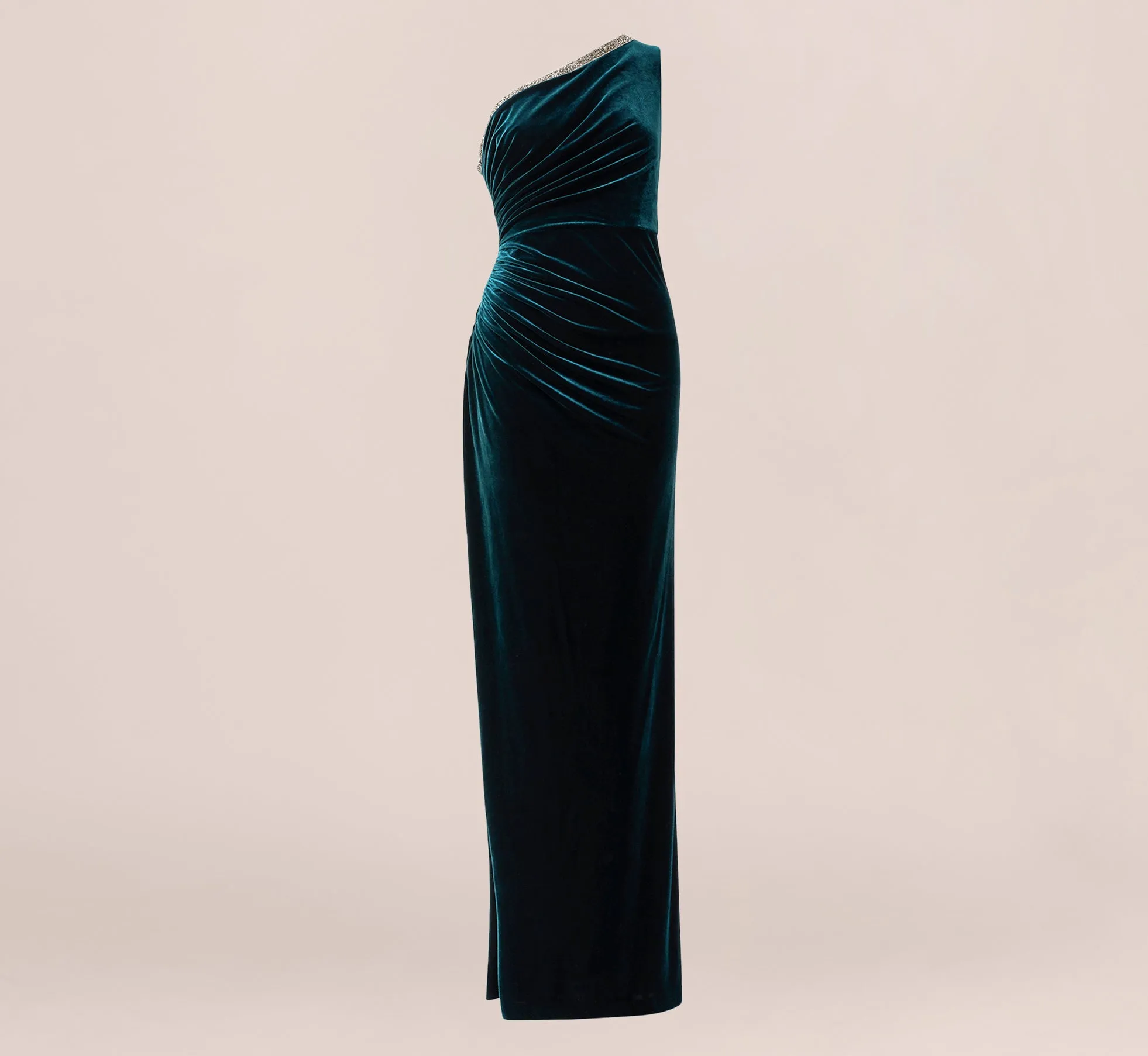 Velvet One Shoulder Gown With Beaded Neckline In Hunter sold by Adrianna Papell product image thumbnail 4