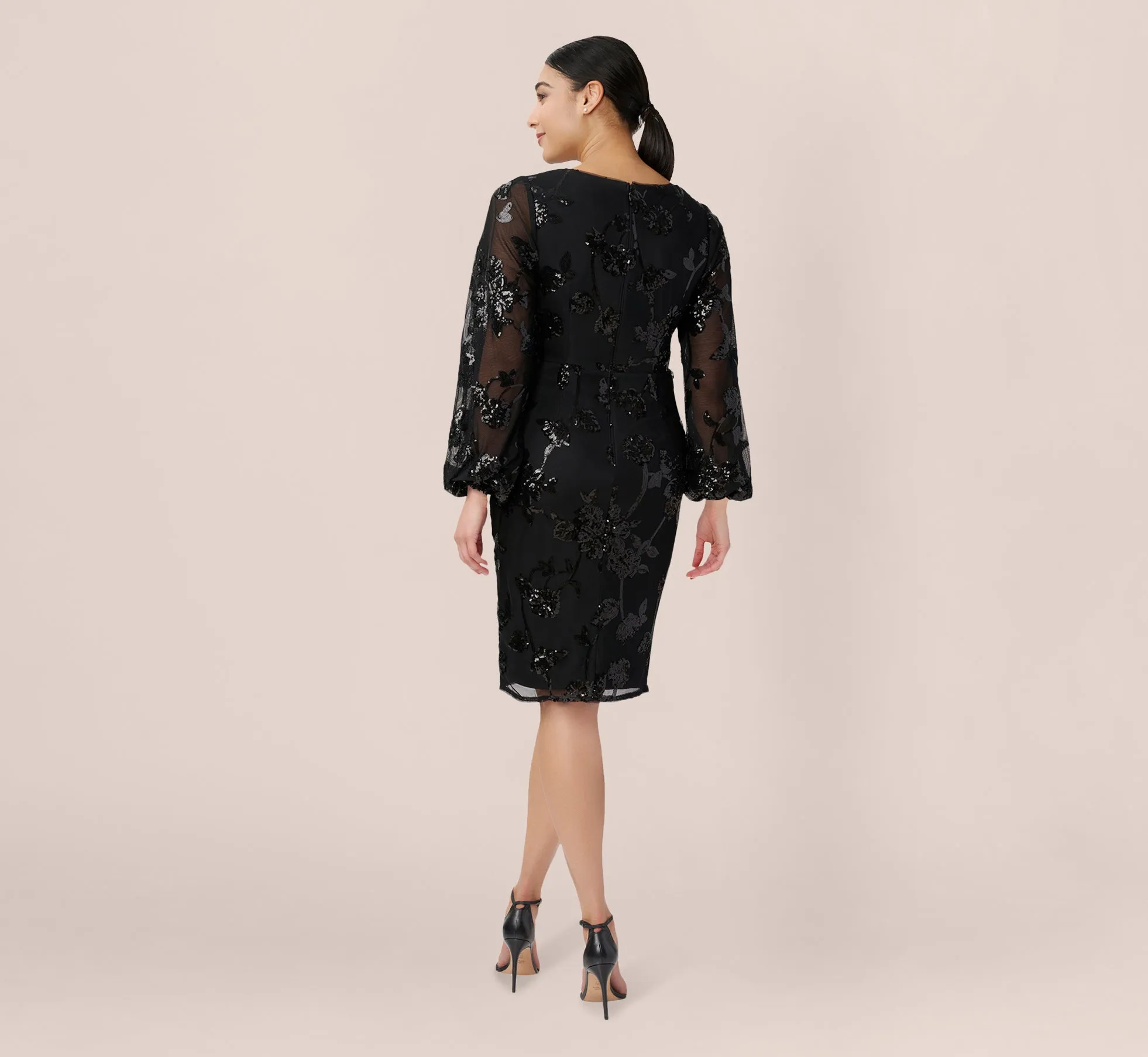 Floral Sequin Sheath Dress With Sheer Long Sleeves In Black sold by Adrianna Papell product image thumbnail 4