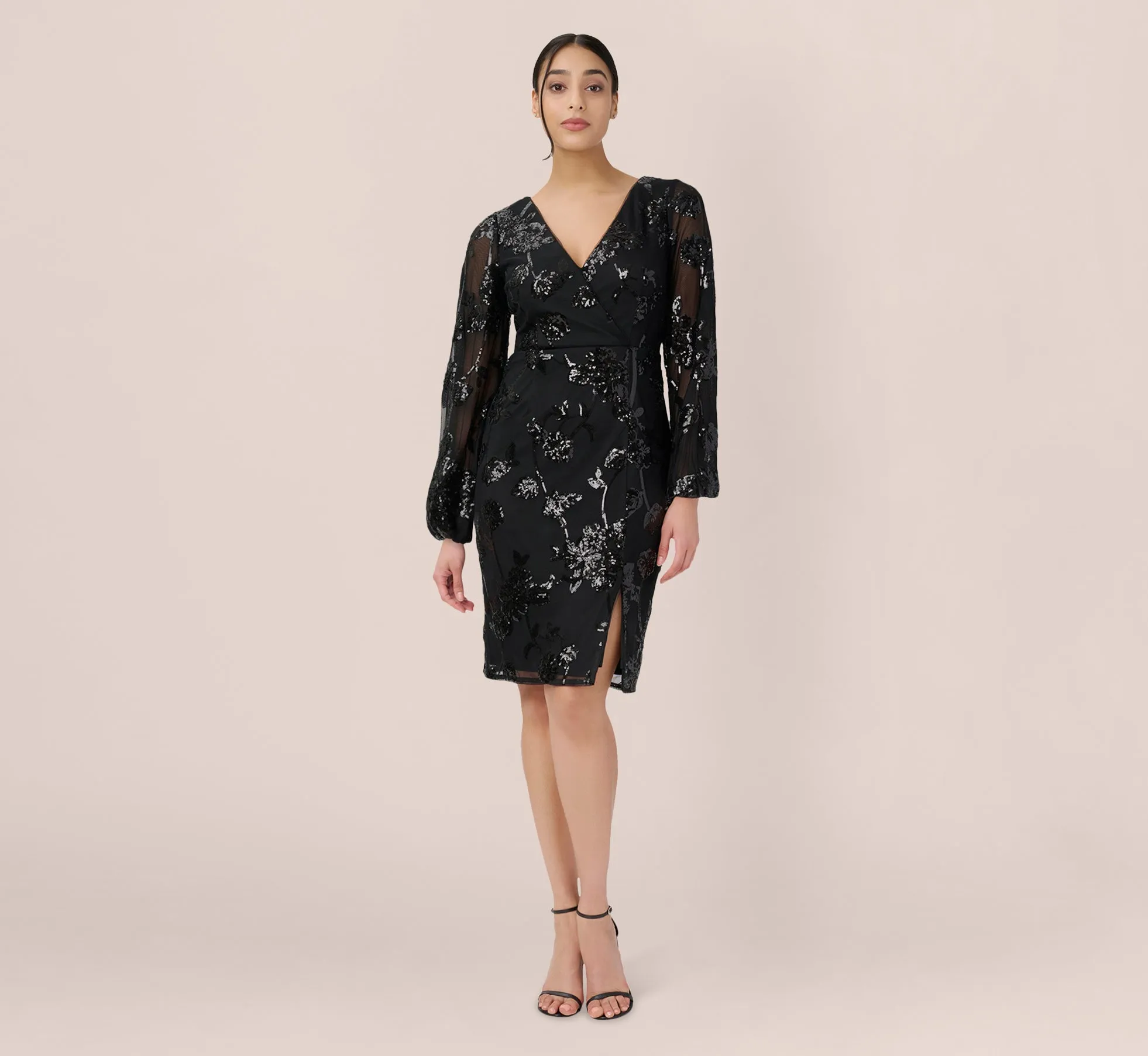 Floral Sequin Sheath Dress With Sheer Long Sleeves In Black sold by Adrianna Papell product image thumbnail 2