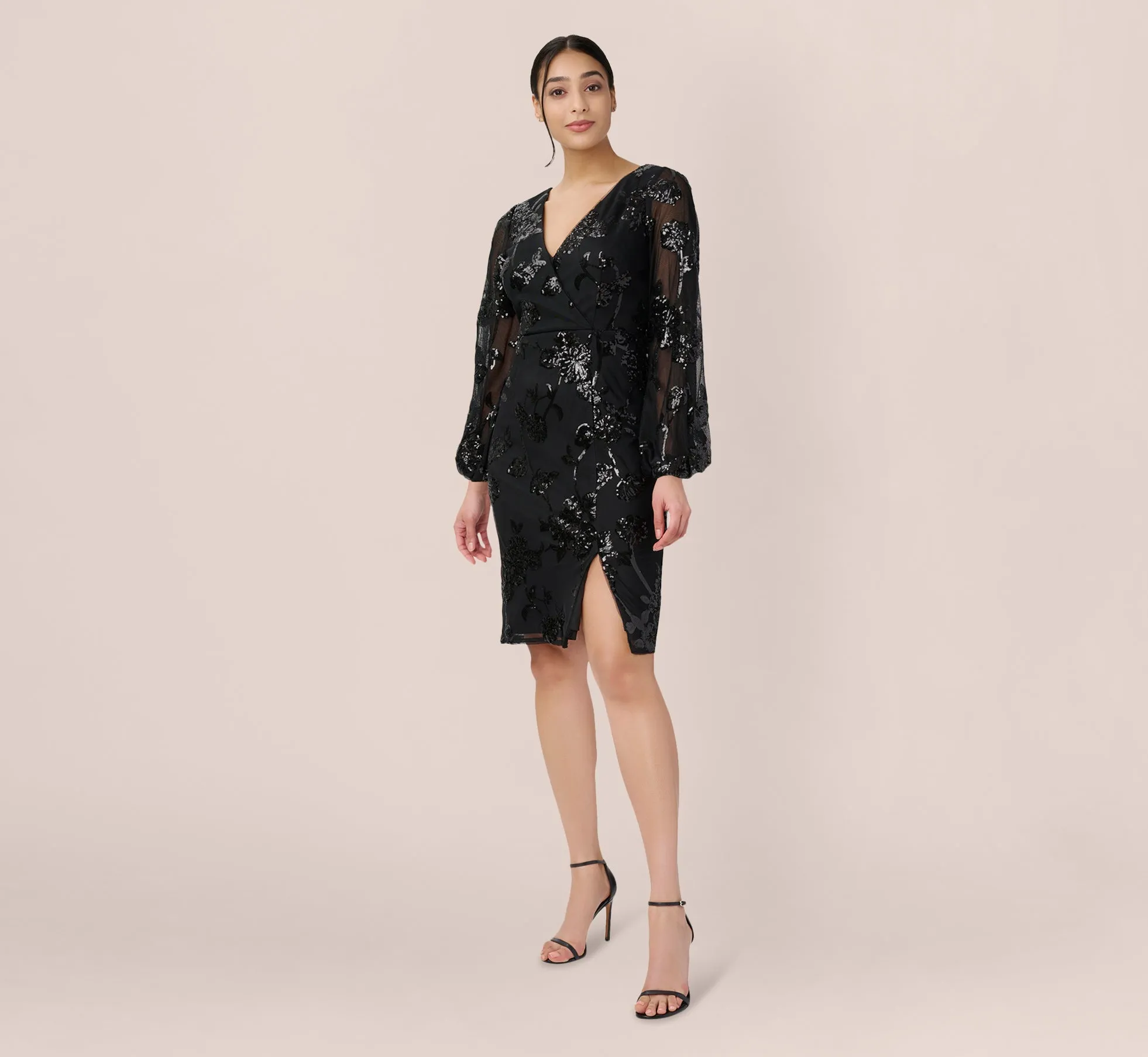 Floral Sequin Sheath Dress With Sheer Long Sleeves In Black sold by Adrianna Papell product image thumbnail 5