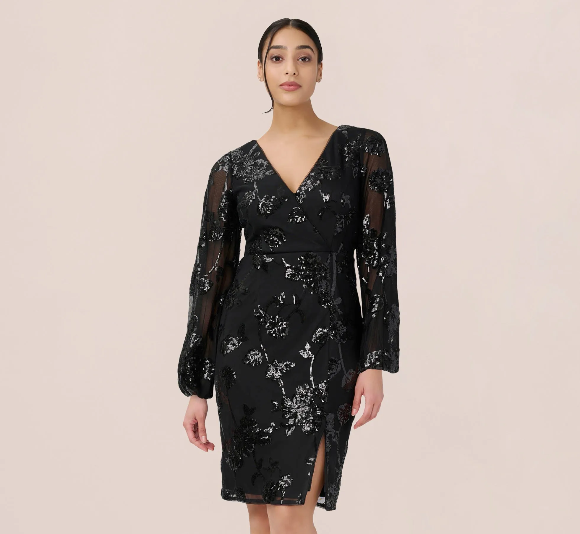 Floral Sequin Sheath Dress With Sheer Long Sleeves In Black sold by Adrianna Papell