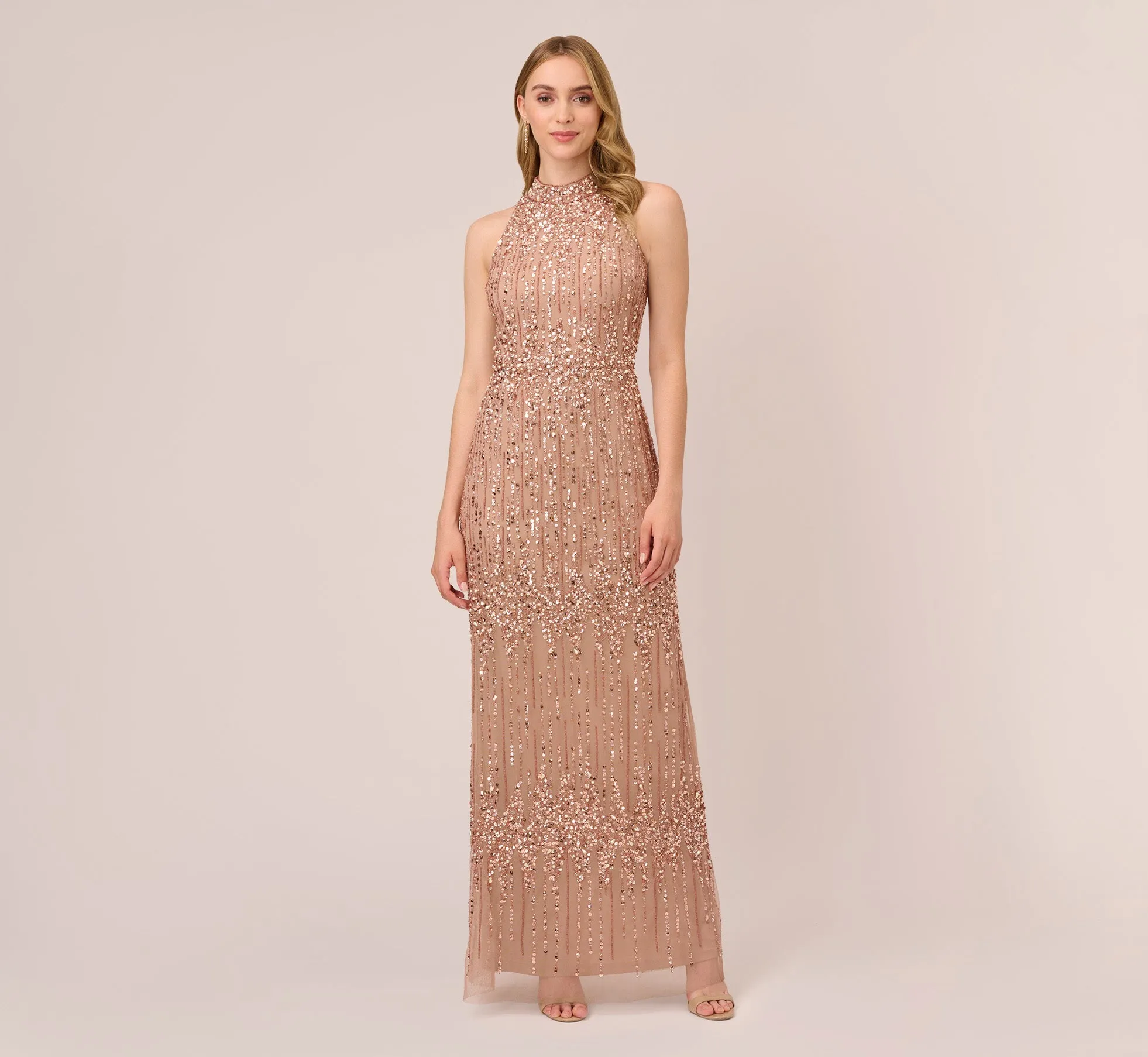 Beaded Column Gown With Mock Neckline In Rose Gold sold by Adrianna Papell
