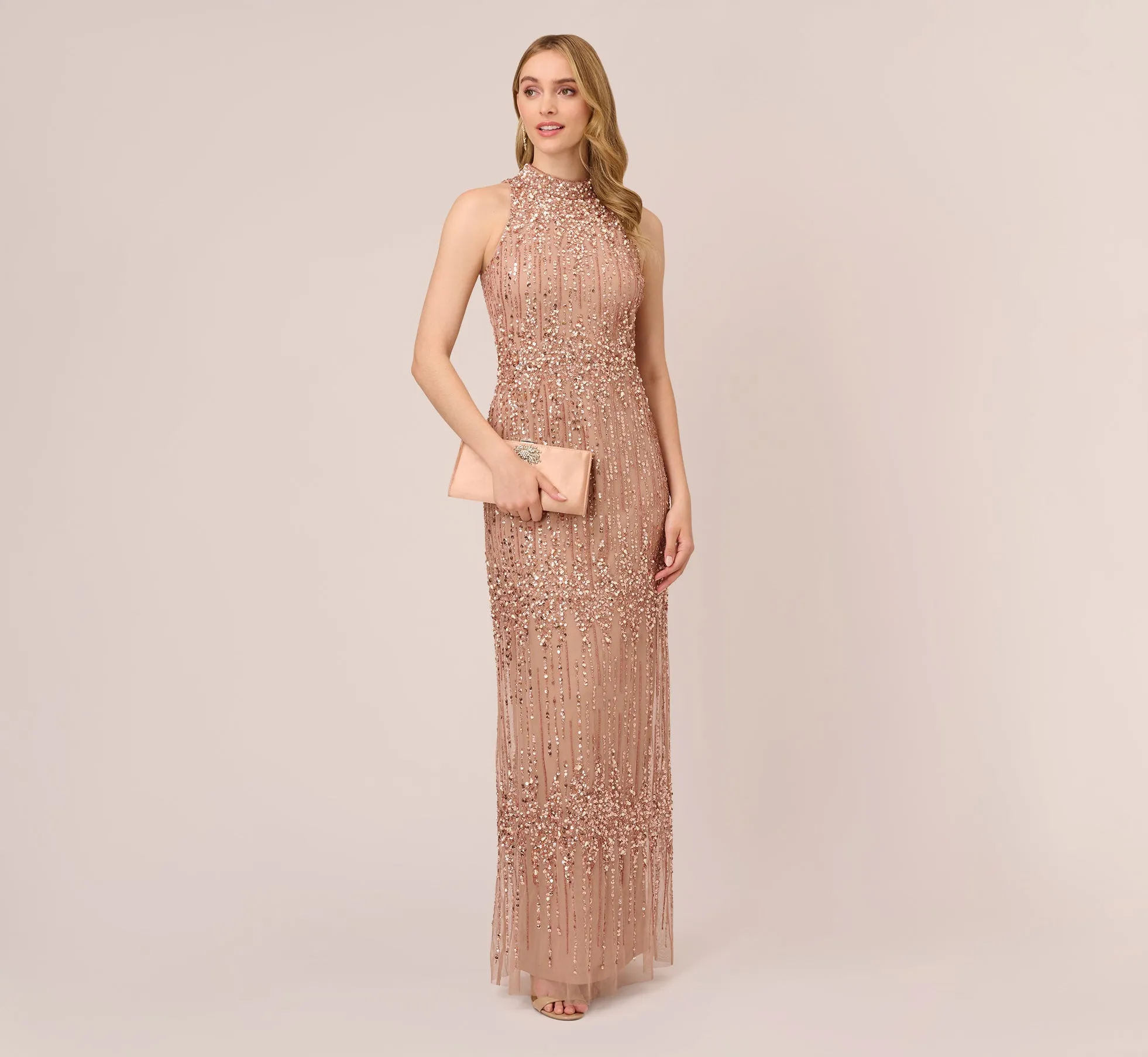 Beaded Column Gown With Mock Neckline In Rose Gold sold by Adrianna Papell product image thumbnail 2