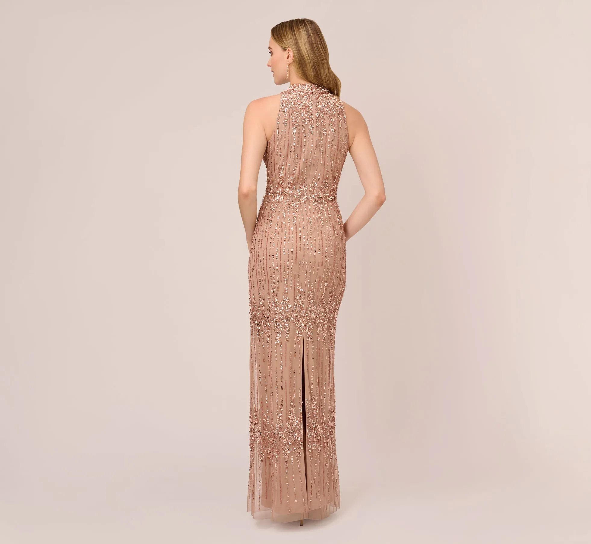 Beaded Column Gown With Mock Neckline In Rose Gold sold by Adrianna Papell product image thumbnail 4