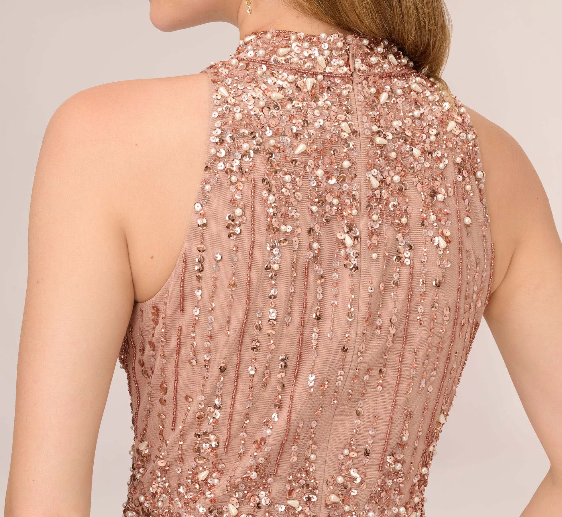 Beaded Column Gown With Mock Neckline In Rose Gold sold by Adrianna Papell product image thumbnail 5