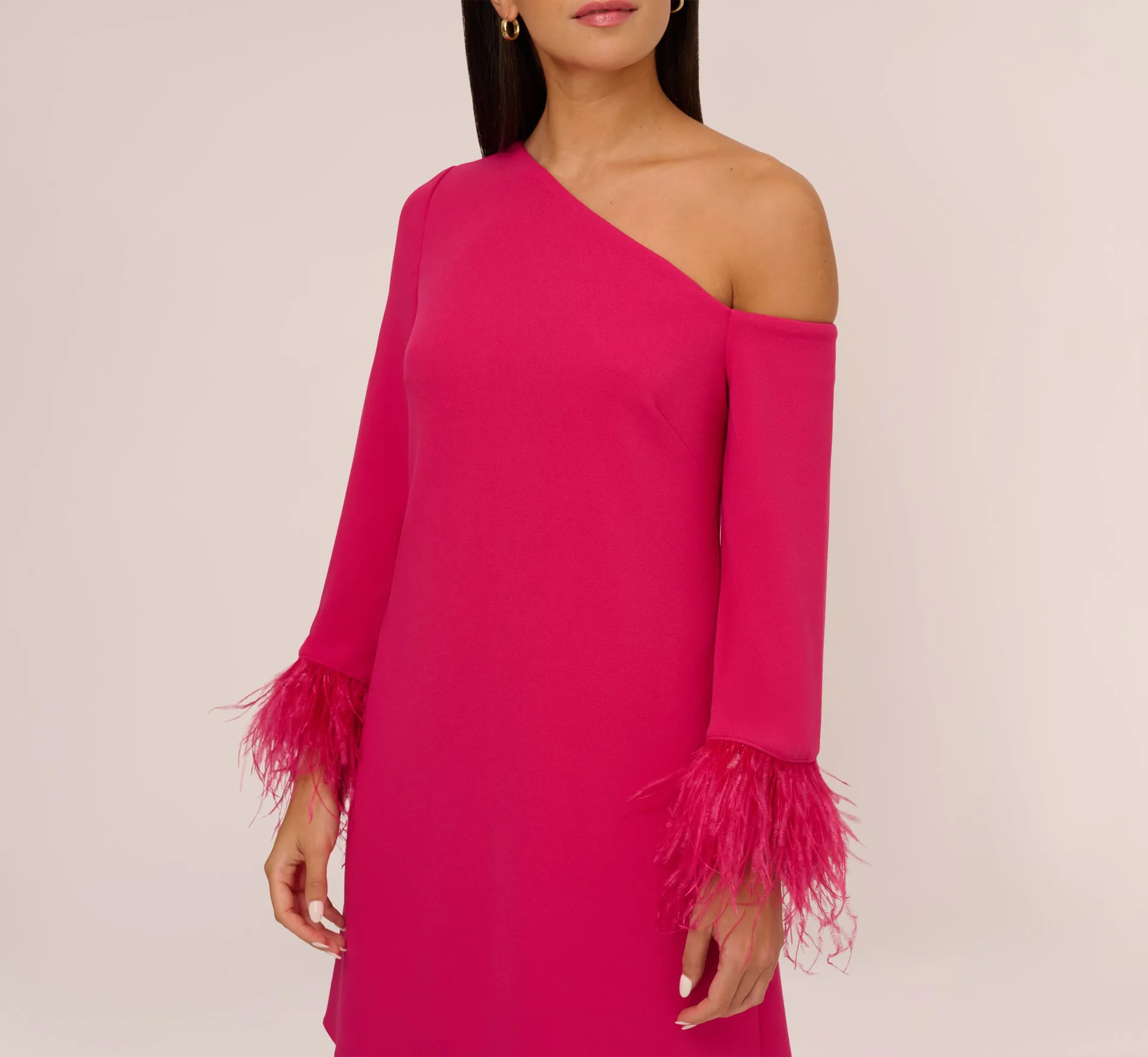 Knit Crepe One Shoulder Long Sleeve Dress With Feather Accents In Bright Rose sold by Adrianna Papell product image thumbnail 4