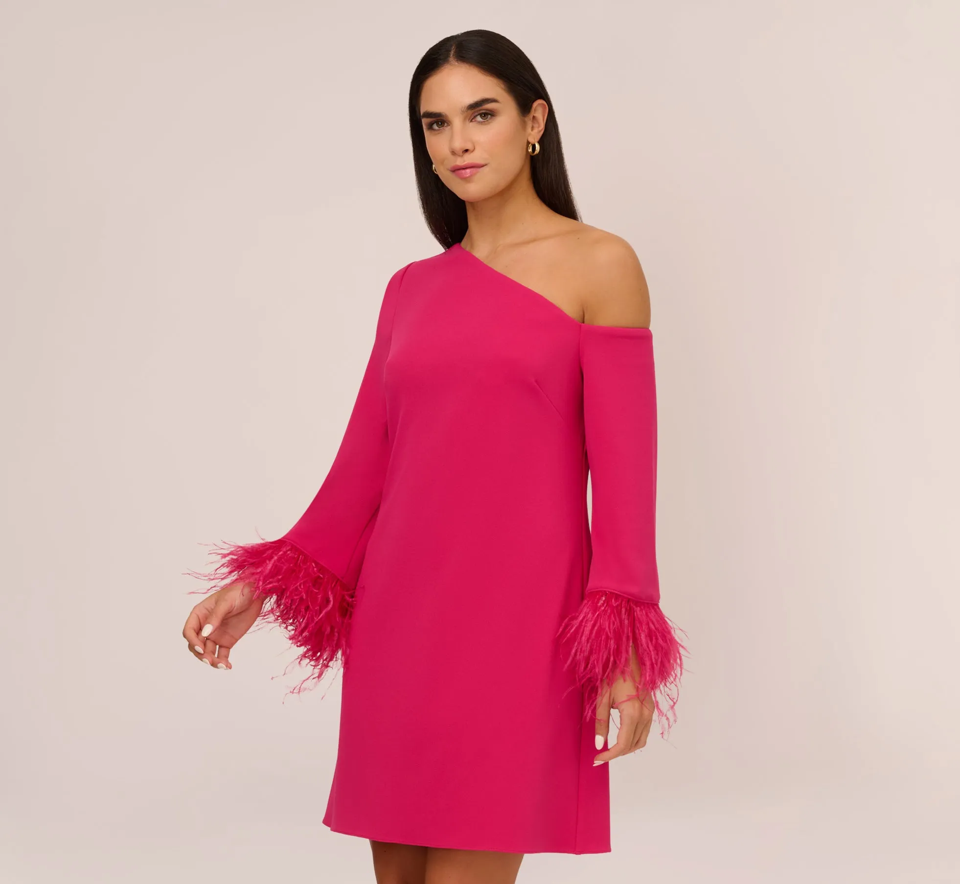 Knit Crepe One Shoulder Long Sleeve Dress With Feather Accents In Bright Rose sold by Adrianna Papell product image thumbnail 2
