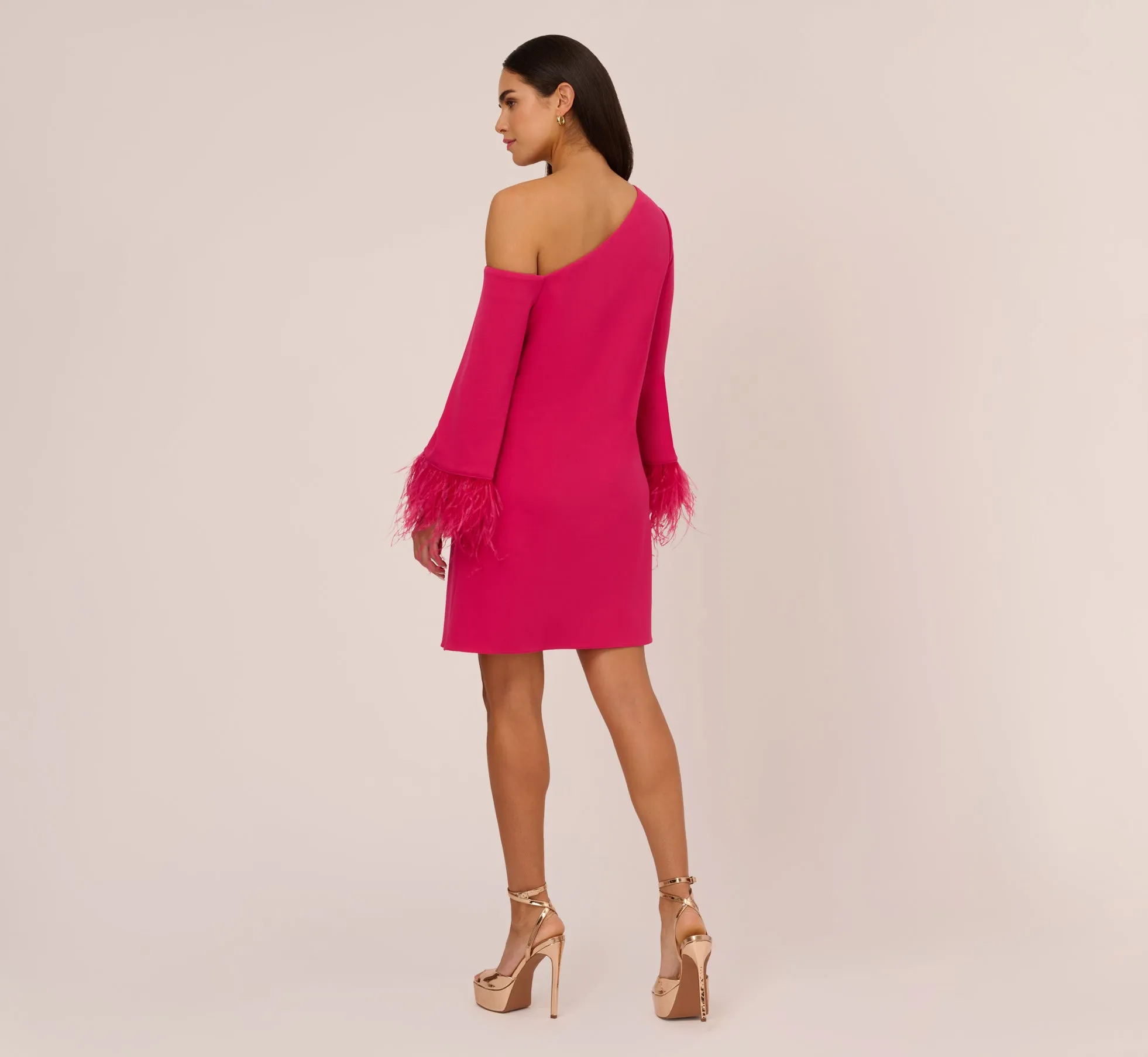 Knit Crepe One Shoulder Long Sleeve Dress With Feather Accents In Bright Rose sold by Adrianna Papell product image thumbnail 5
