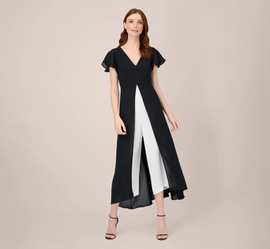Crepe Cropped Jumpsuit With Gauze Overlay In Black Ivory sold by Adrianna Papell