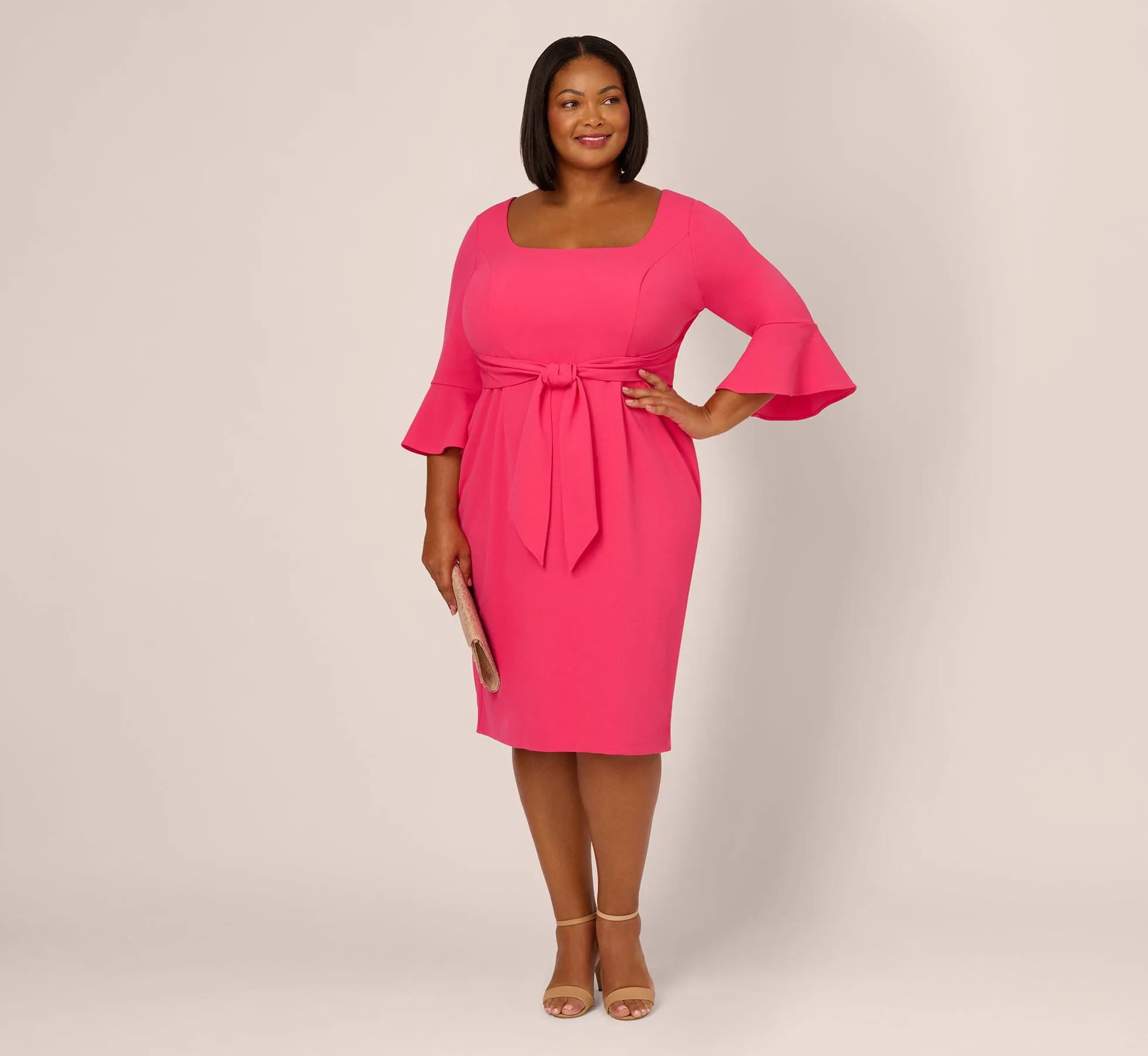Plus Size Stretch Knit Crepe Tie-Front Midi-Length Sheath Dress In Camellia sold by Adrianna Papell product image thumbnail 2