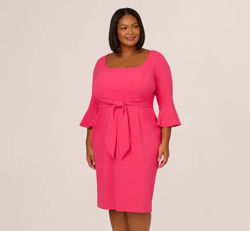 Plus Size Stretch Knit Crepe Tie-Front Midi-Length Sheath Dress In Camellia sold by Adrianna Papell