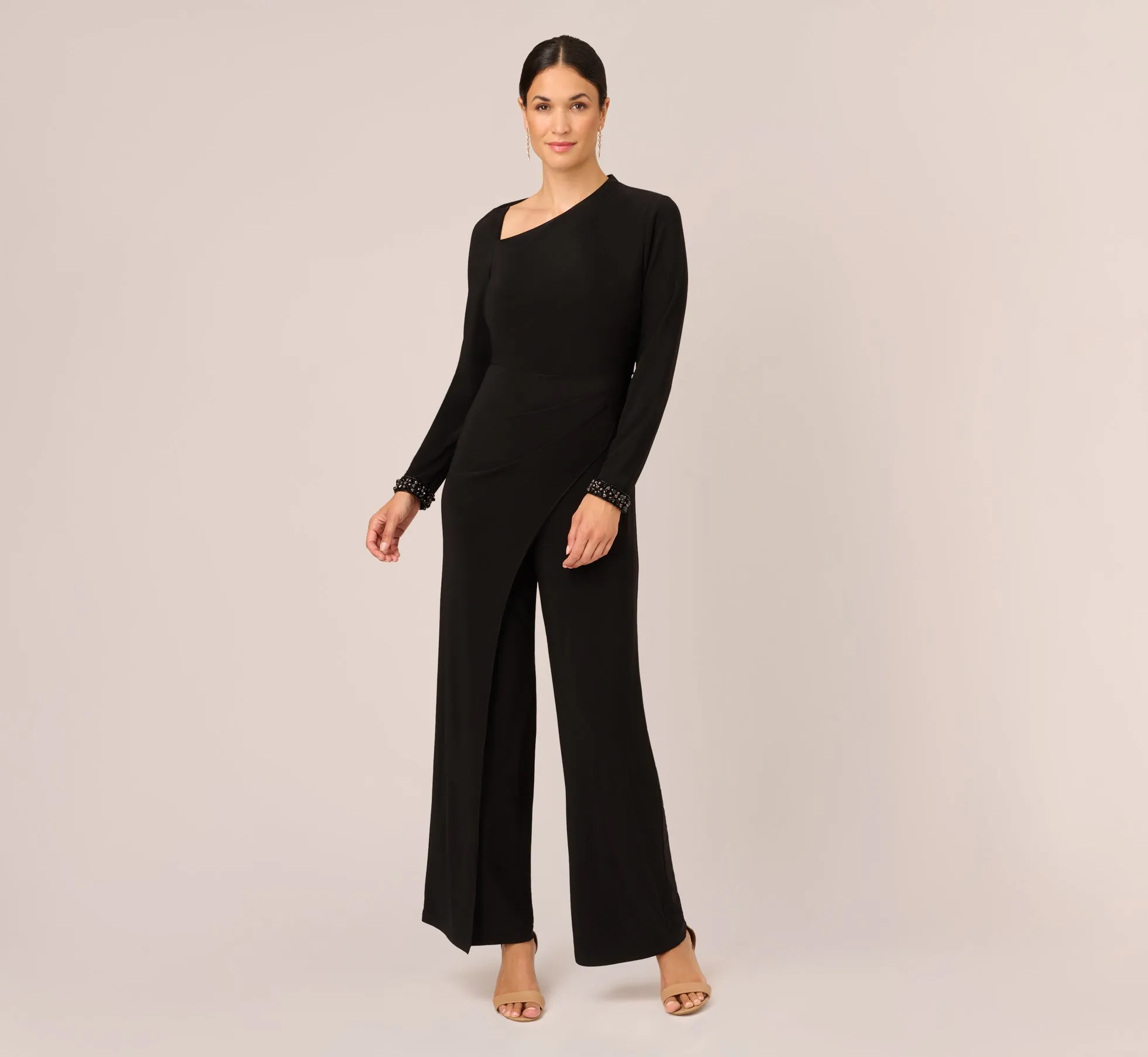Embellished Jersey Jumpsuit With Asymmetric Neck In Black sold by Adrianna Papell