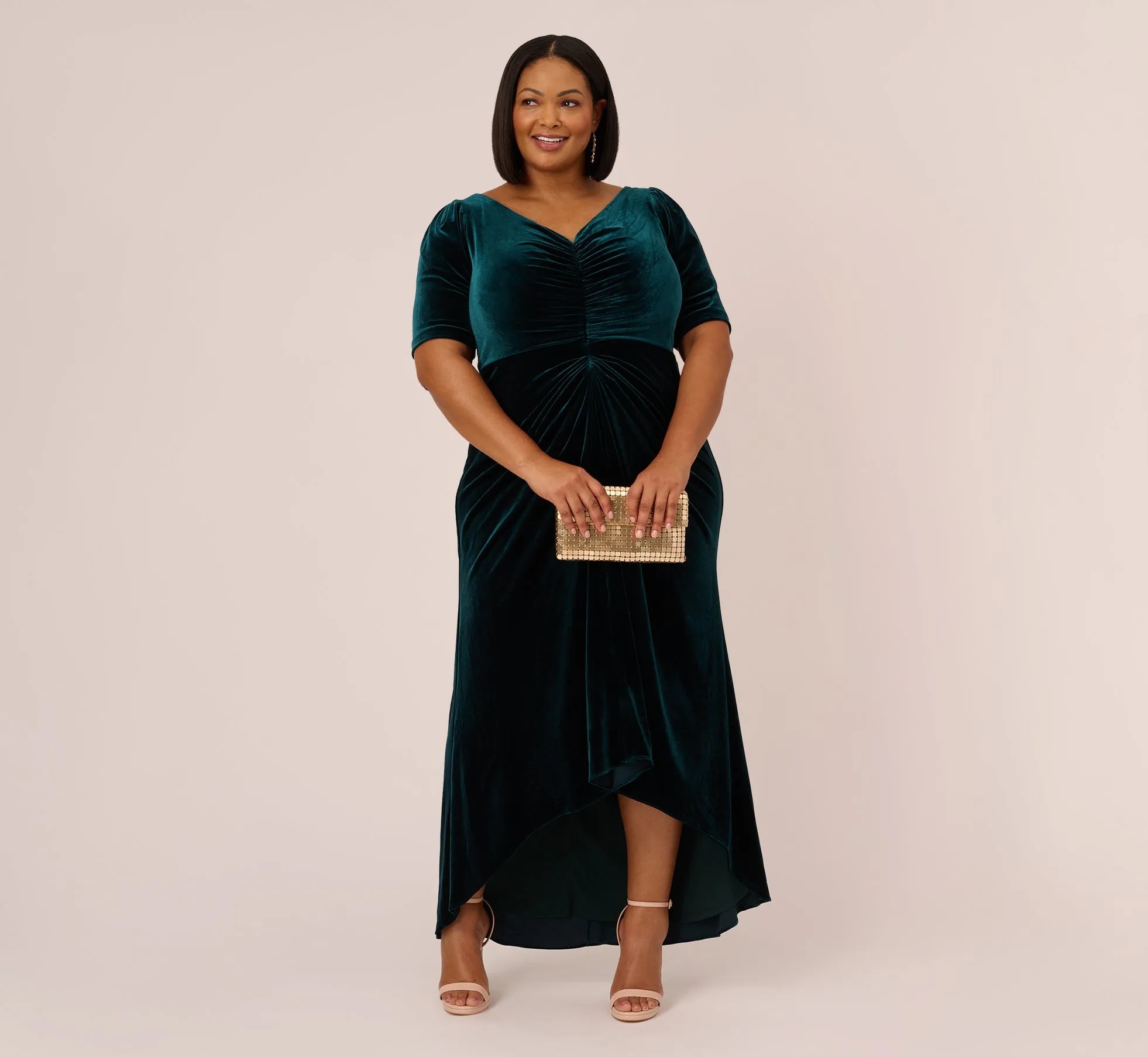 Plus Size Shirred Velvet Gown With Elbow-Length Sleeves In Emerald sold by Adrianna Papell product image thumbnail 3