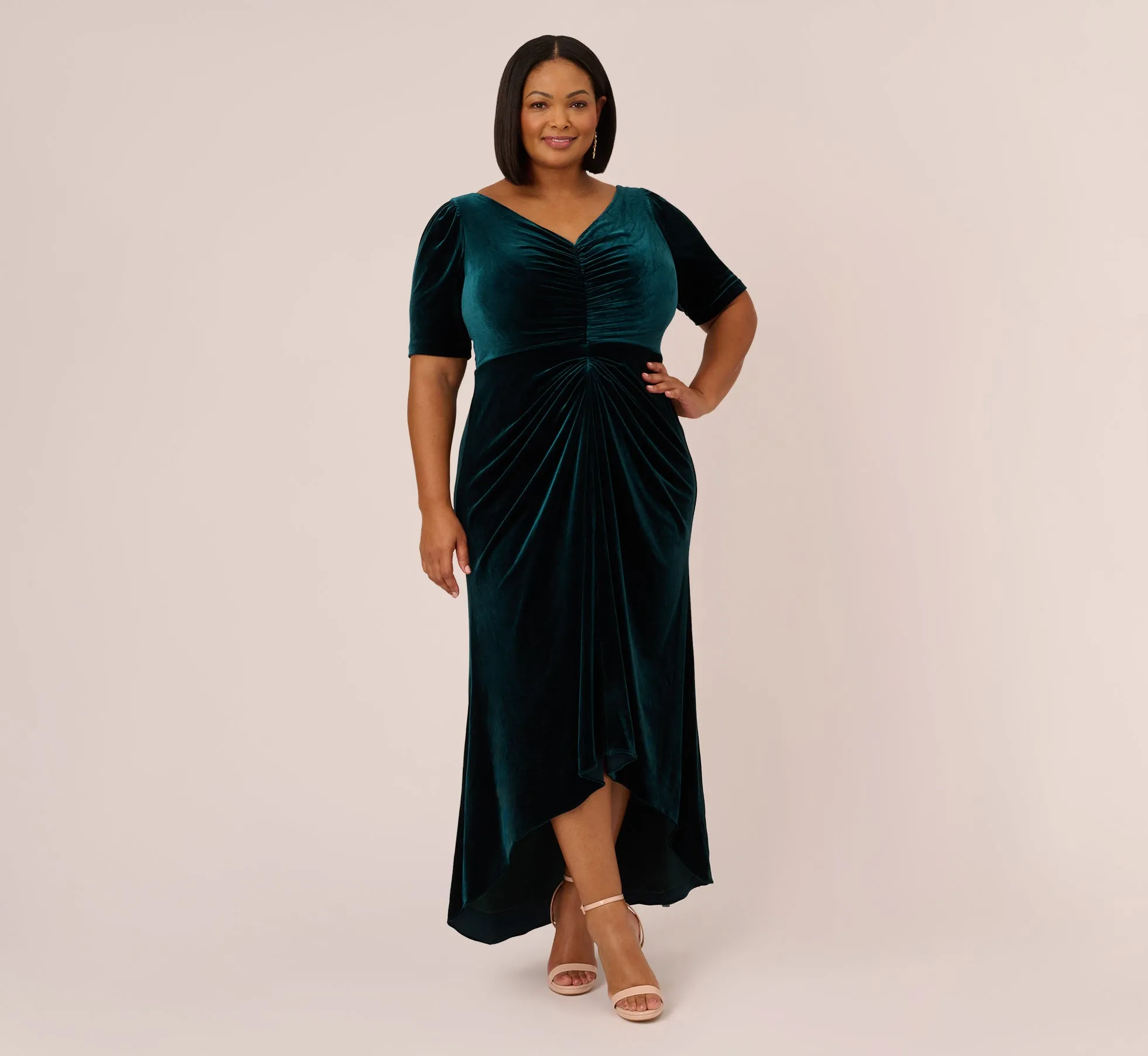 Plus Size Shirred Velvet Gown With Elbow-Length Sleeves In Emerald sold by Adrianna Papell product image thumbnail 2