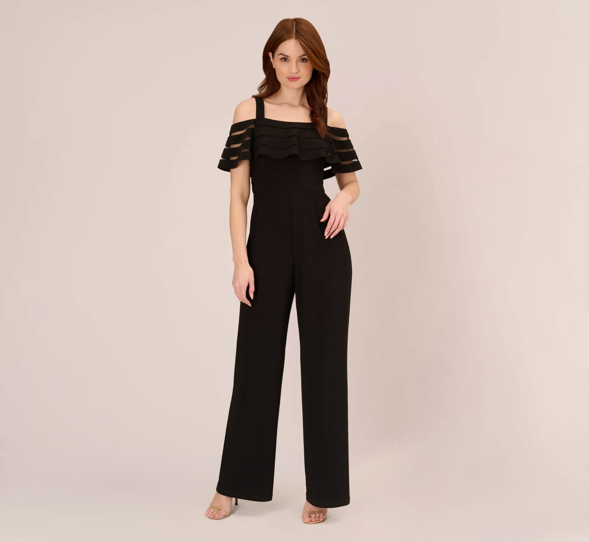 Jersey Banded Ruffled Jumpsuit With Cold Shoulder In Black sold by Adrianna Papell