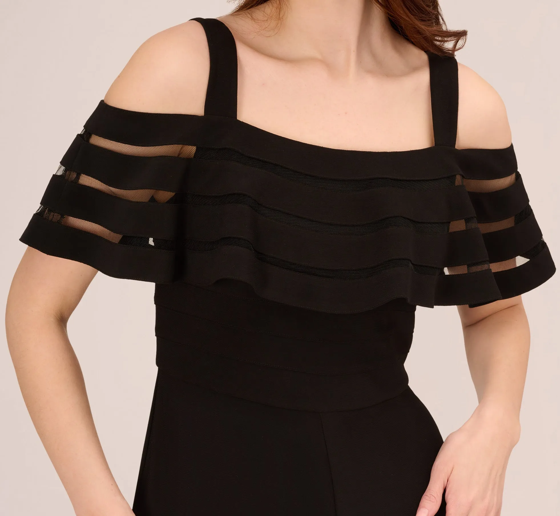 Jersey Banded Ruffled Jumpsuit With Cold Shoulder In Black sold by Adrianna Papell product image thumbnail 5