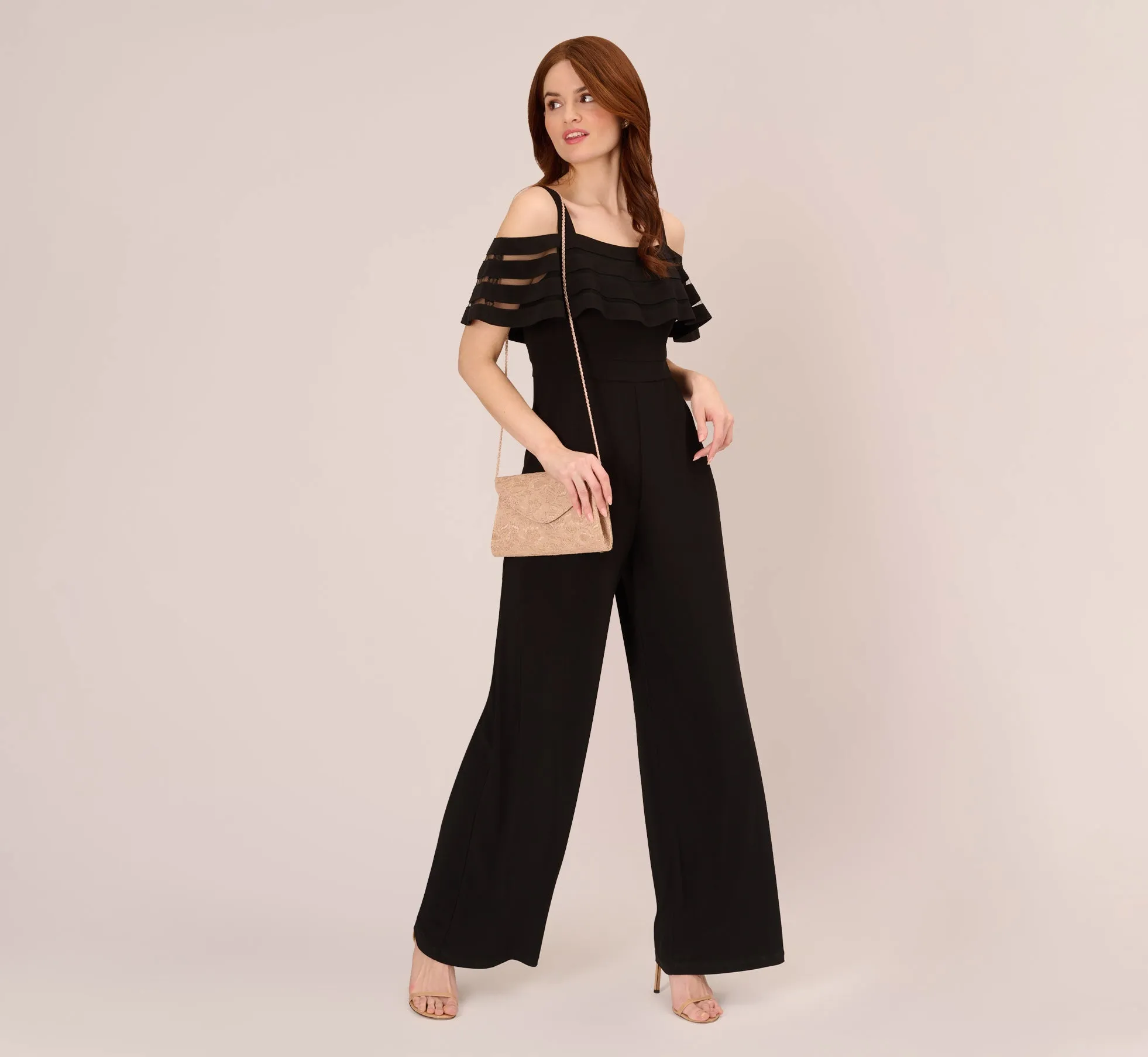 Jersey Banded Ruffled Jumpsuit With Cold Shoulder In Black sold by Adrianna Papell product image thumbnail 2