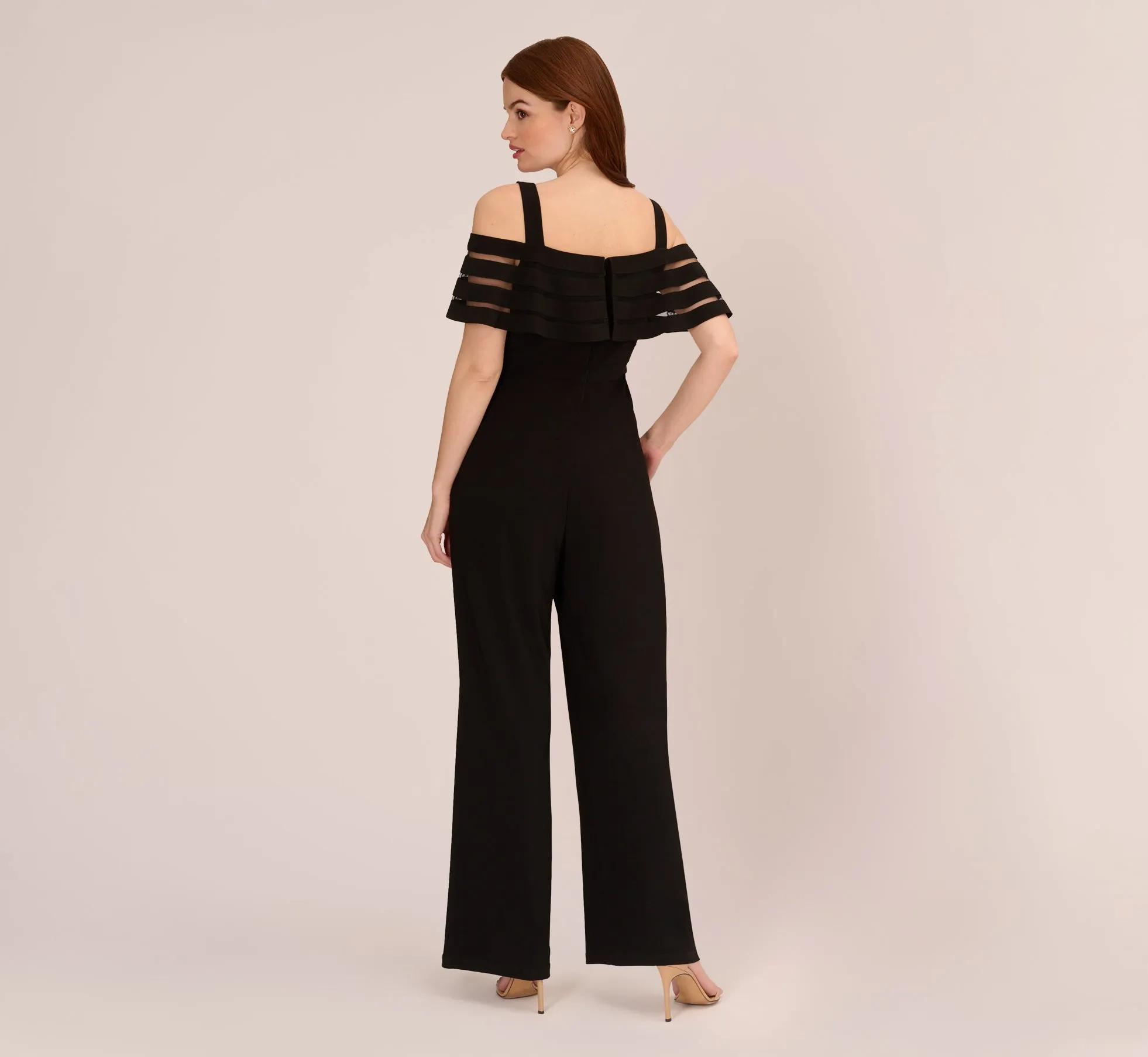 Jersey Banded Ruffled Jumpsuit With Cold Shoulder In Black sold by Adrianna Papell product image thumbnail 4