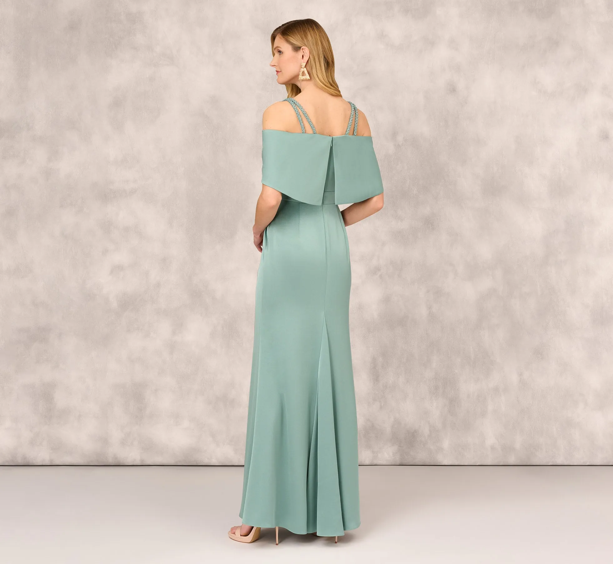 Satin Crepe Column Gown With Beaded Double Strap Details In Green Slate sold by Adrianna Papell product image thumbnail 4