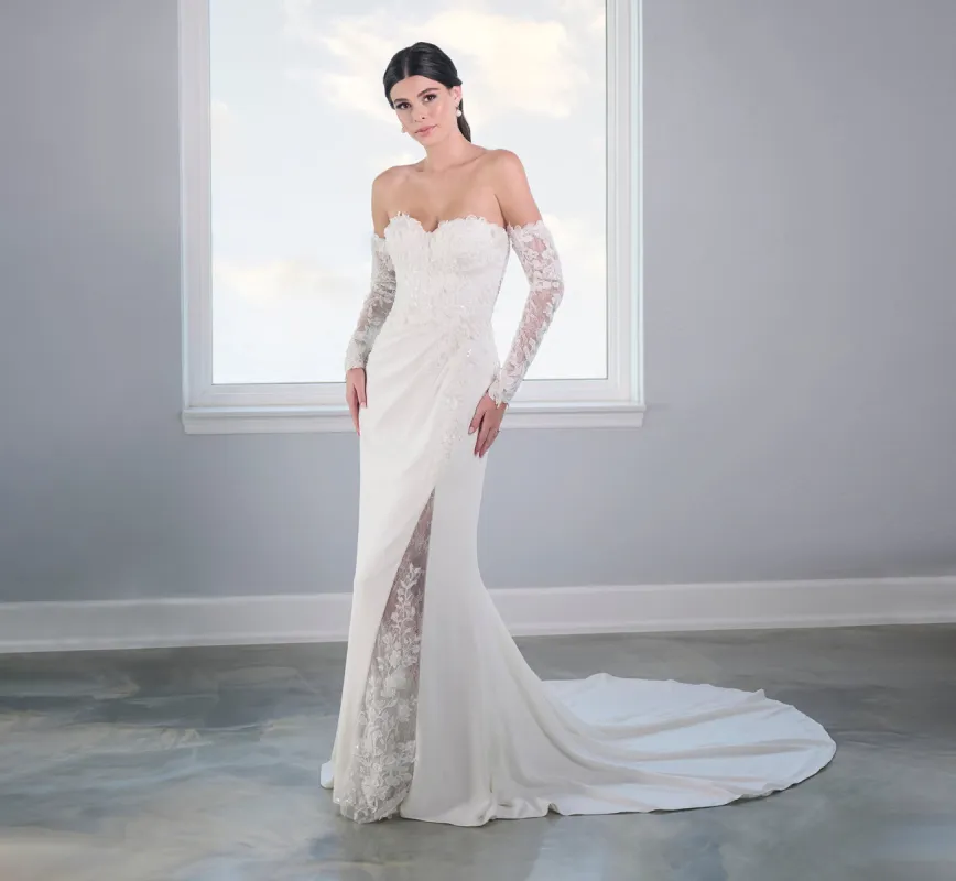 Crepe Slim Gown With Detachable Long Sleeves In Ivory Nude Silver sold by Adrianna Papell