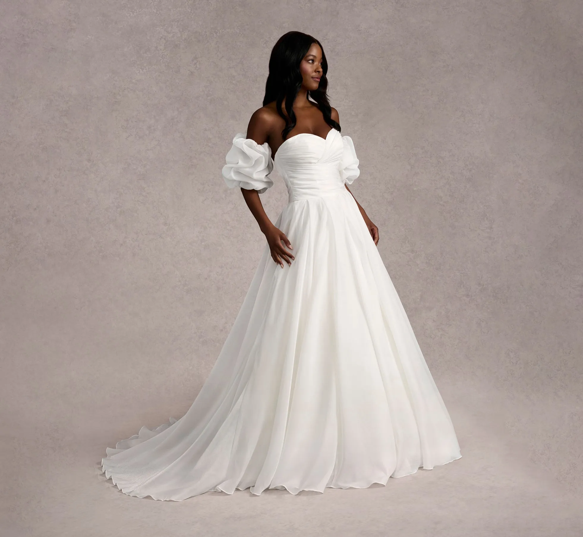 Strapless Organza Ball Gown With Removable Puff Sleeves In Ivory/Ivory In Ivory Ivory sold by Adrianna Papell