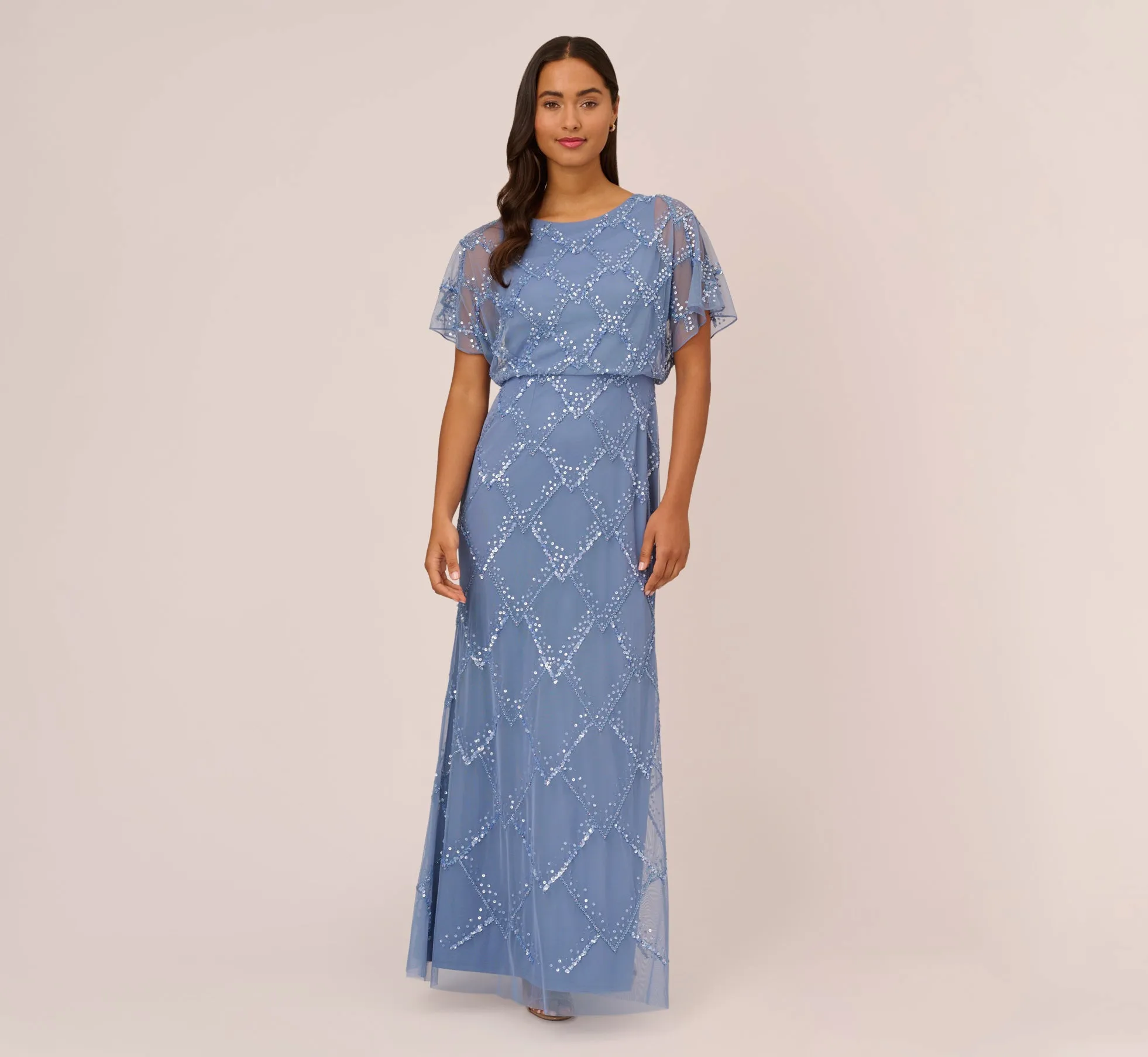 Hand-Beaded Blouson Long Gown With Flutter Sleeves In French Blue sold by Adrianna Papell product image thumbnail 2
