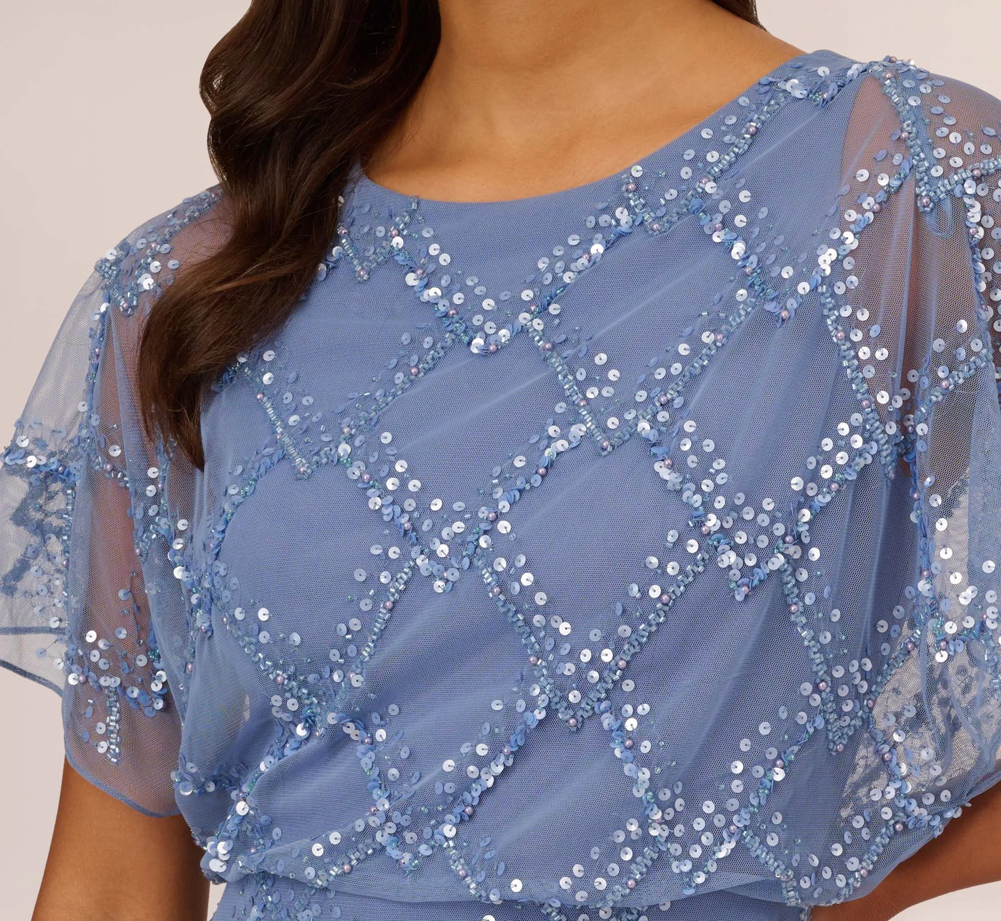 Hand-Beaded Blouson Long Gown With Flutter Sleeves In French Blue sold by Adrianna Papell product image thumbnail 5