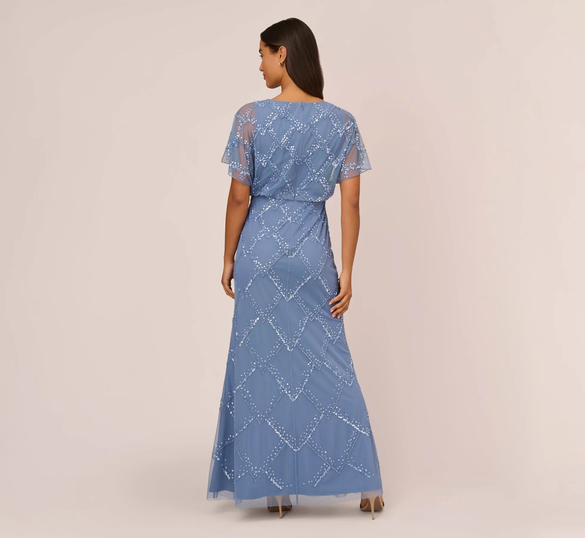 Hand-Beaded Blouson Long Gown With Flutter Sleeves In French Blue sold by Adrianna Papell product image thumbnail 4