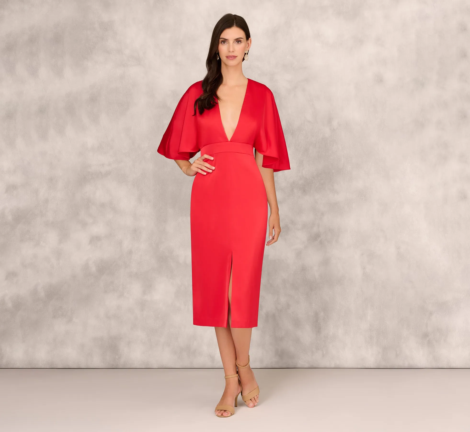 Crepe Back Satin Midi Dress With Flutter Sleeves In Chateau Red sold by Adrianna Papell