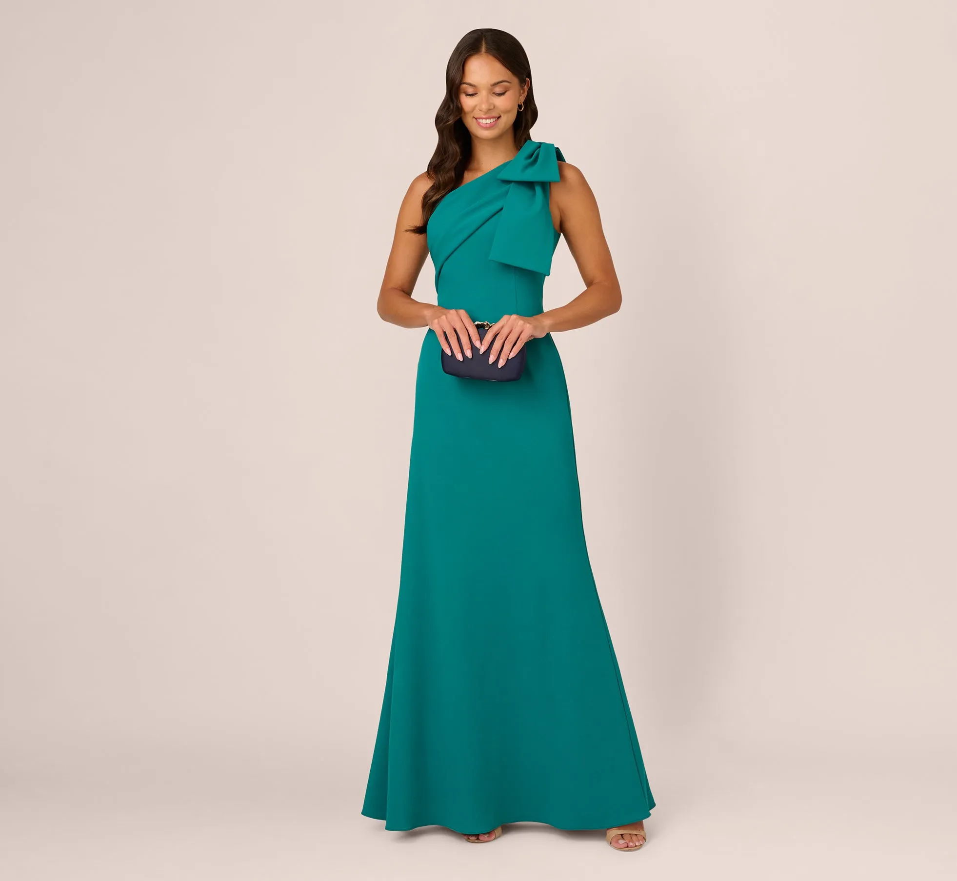 Stretch Crepe One Shoulder Mermaid Gown With Bow Accent In Tempo Teal sold by Adrianna Papell product image thumbnail 2