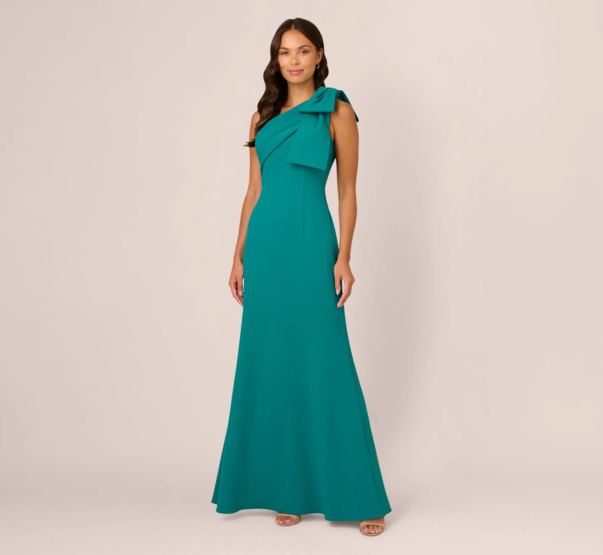 Stretch Crepe One Shoulder Mermaid Gown With Bow Accent In Tempo Teal sold by Adrianna Papell