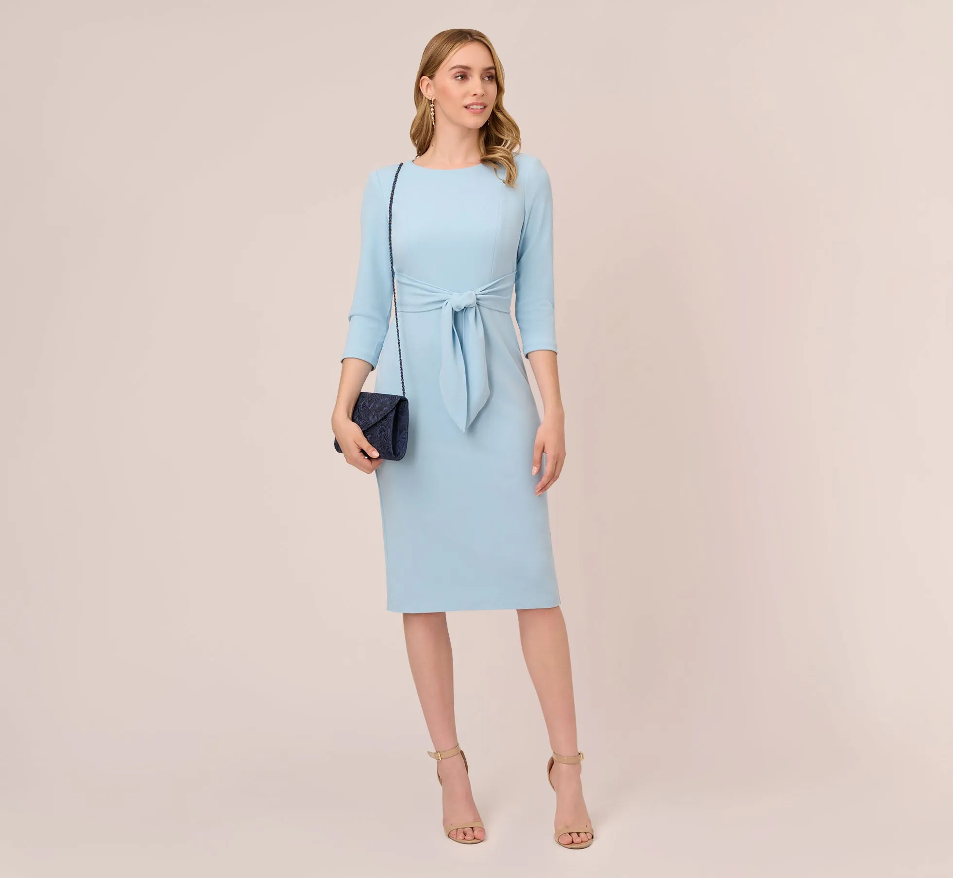Knit Crepe Bow Sheath Dress With Three Quarter Sleeves In Blue Mist sold by Adrianna Papell product image thumbnail 3
